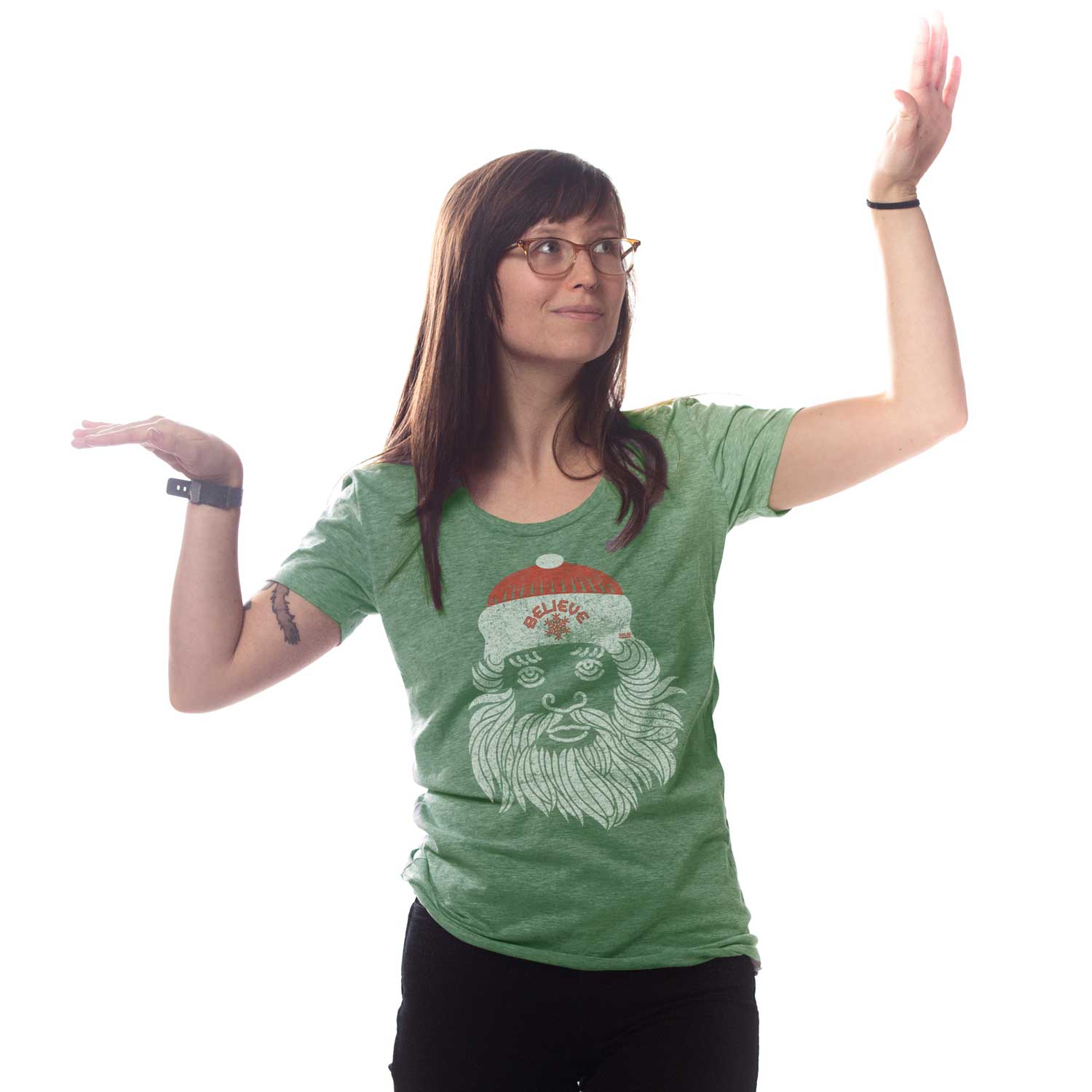 Women's Believe in Santa Cool Retro T-shirt | Funny Christmas Graphic Tee On Model | Solid Threads