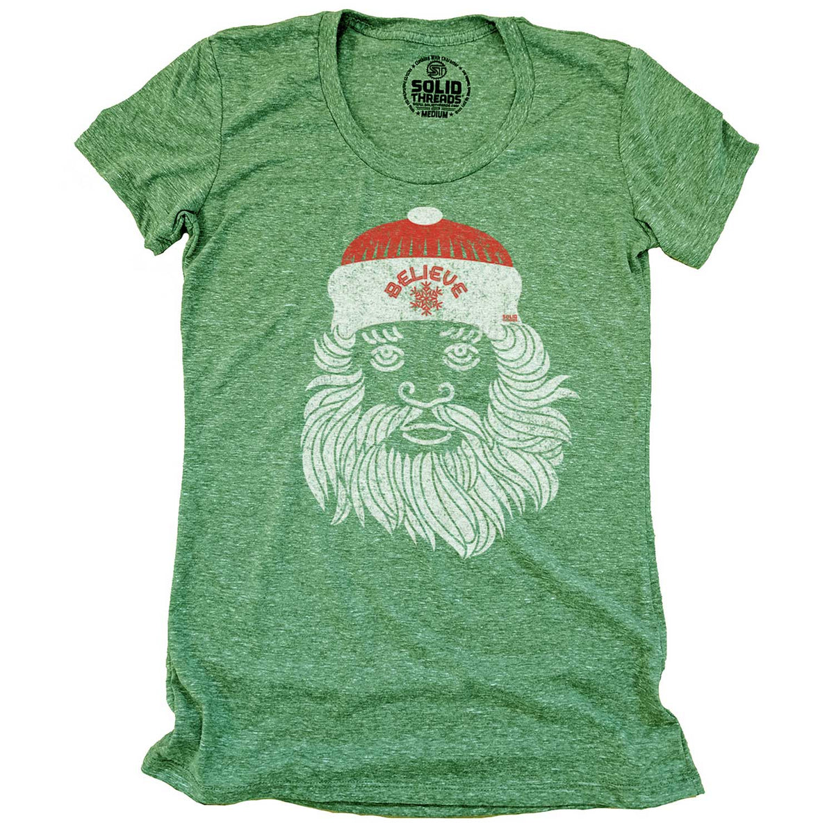 Women&#39;s Believe in Santa Cool Vintage T-shirt | Funny Christmas Party Graphic Tee | Solid Threads