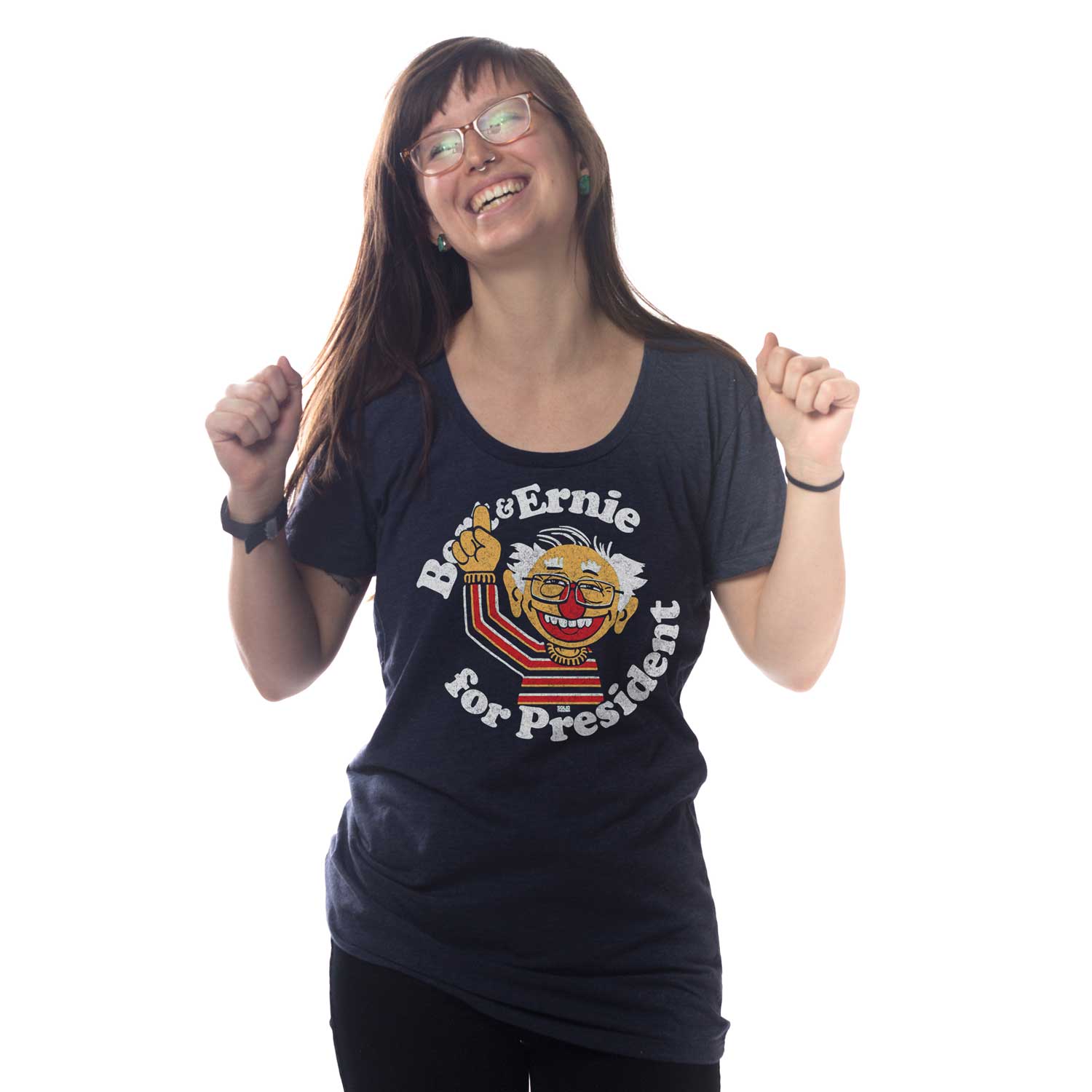 Women's Bernie Muppet Vintage Graphic T-Shirt | Funny Sesame Street Tee on Model | Solid Threads