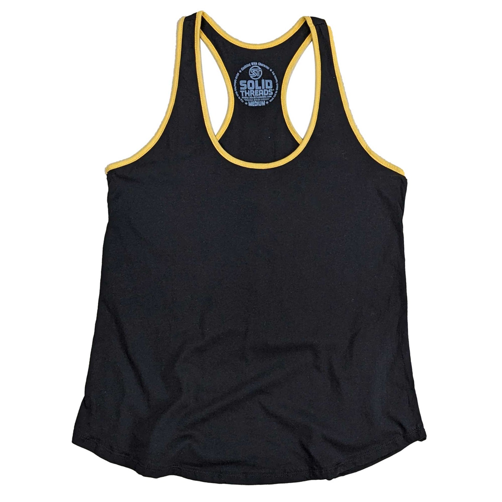 Women's Solid Threads Retro Ringer Black/Gold Tank Top | Vintage Inspired USA Made Tee