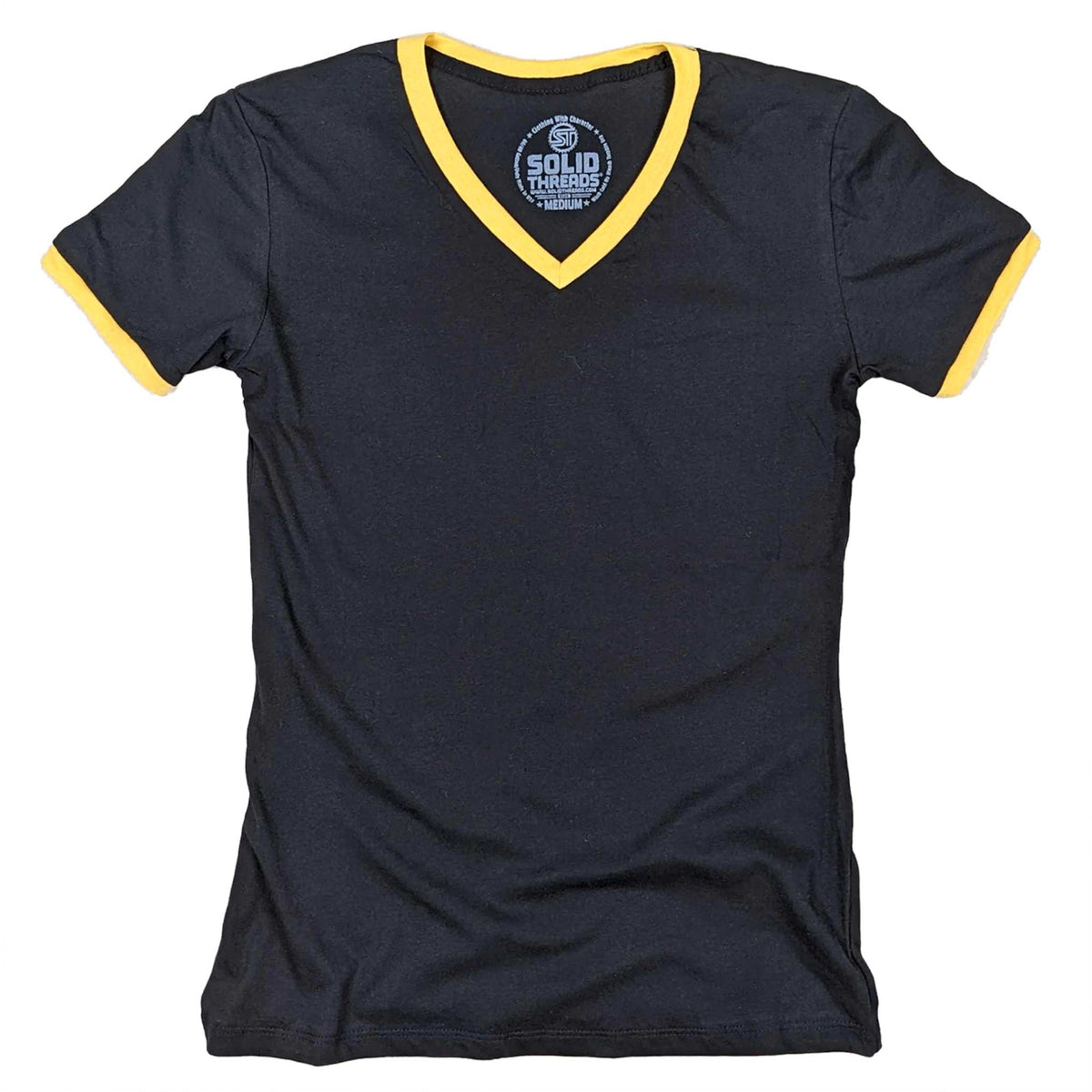 Women's Solid Threads V-Neck Black/Gold Retro RInger T-shirt | Vintage Inspired USA Made Tee