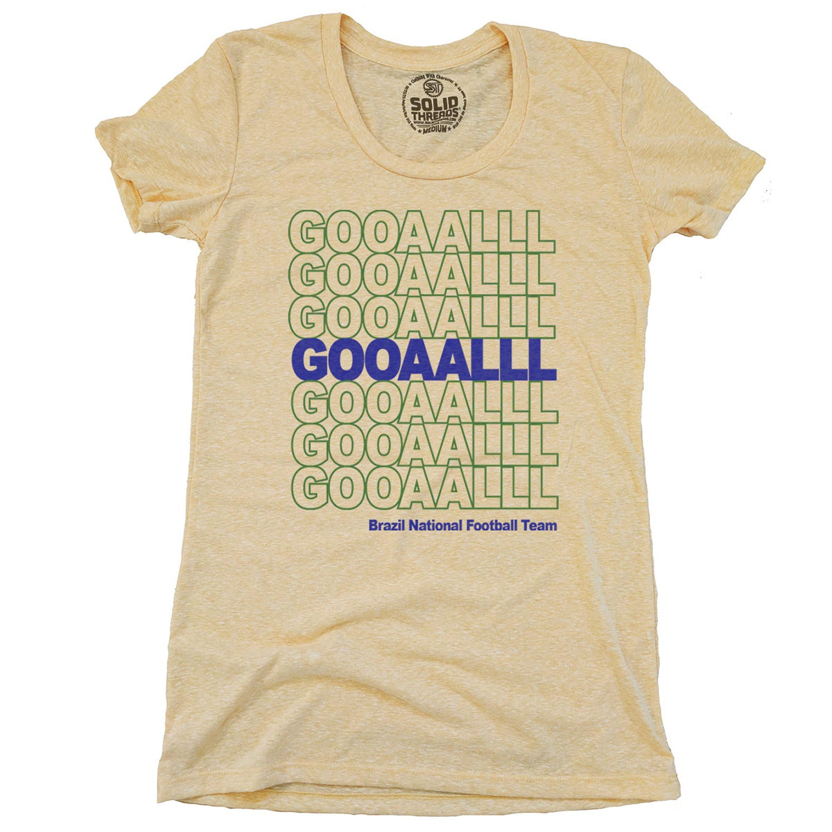 Women&#39;s Brazil Soccer Gooaalll Cool Graphic T-Shirt | Vintage Canarinho Futbol Tee | Solid Threads