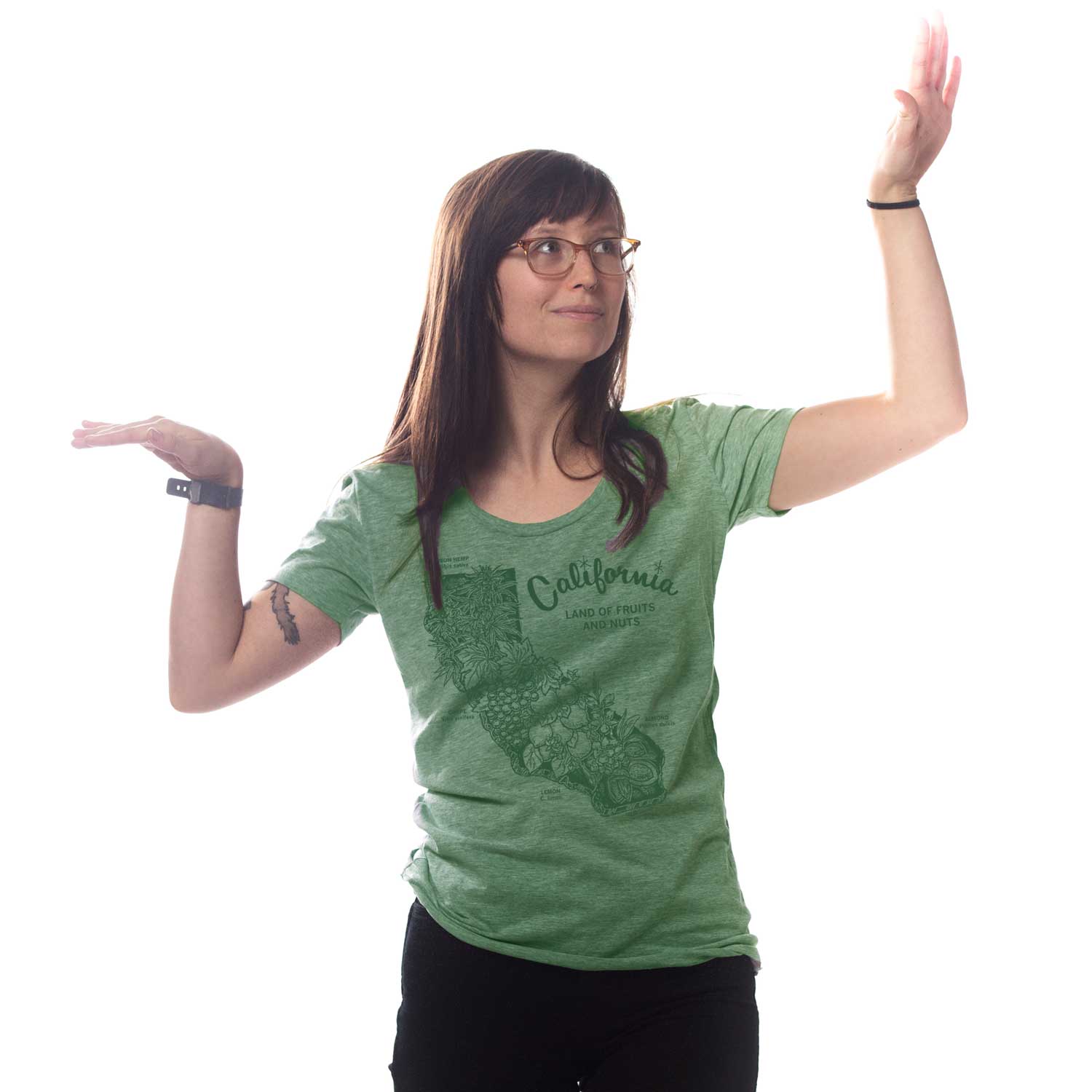 Women's Cali Fruits And Nuts Vintage Graphic T-Shirt | Funny West Coast Tee on Model | Solid Threads