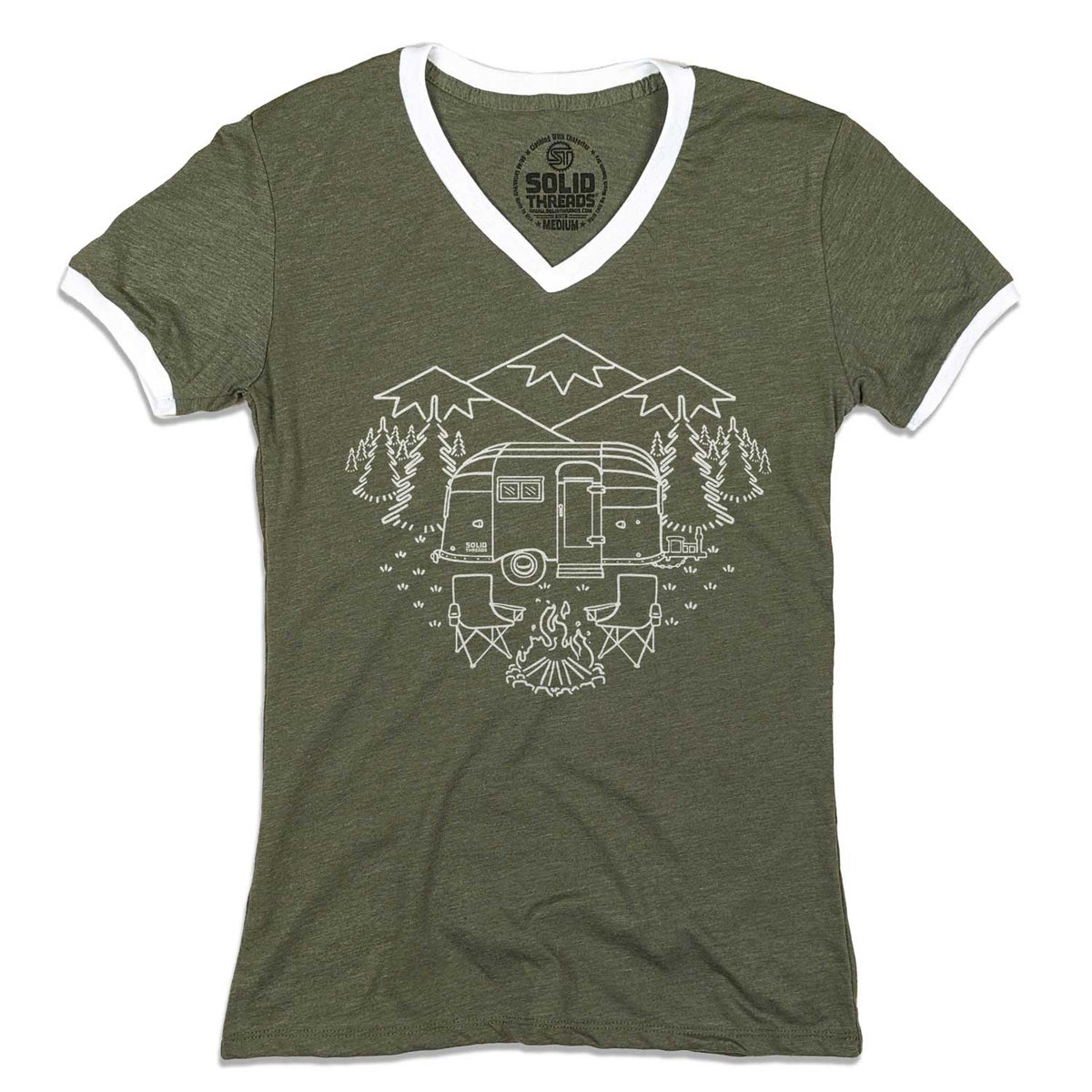 Women&#39;s Camp Site Vintage Graphic V-Neck Tee | Retro Airstream T-shirt | Solid Threads