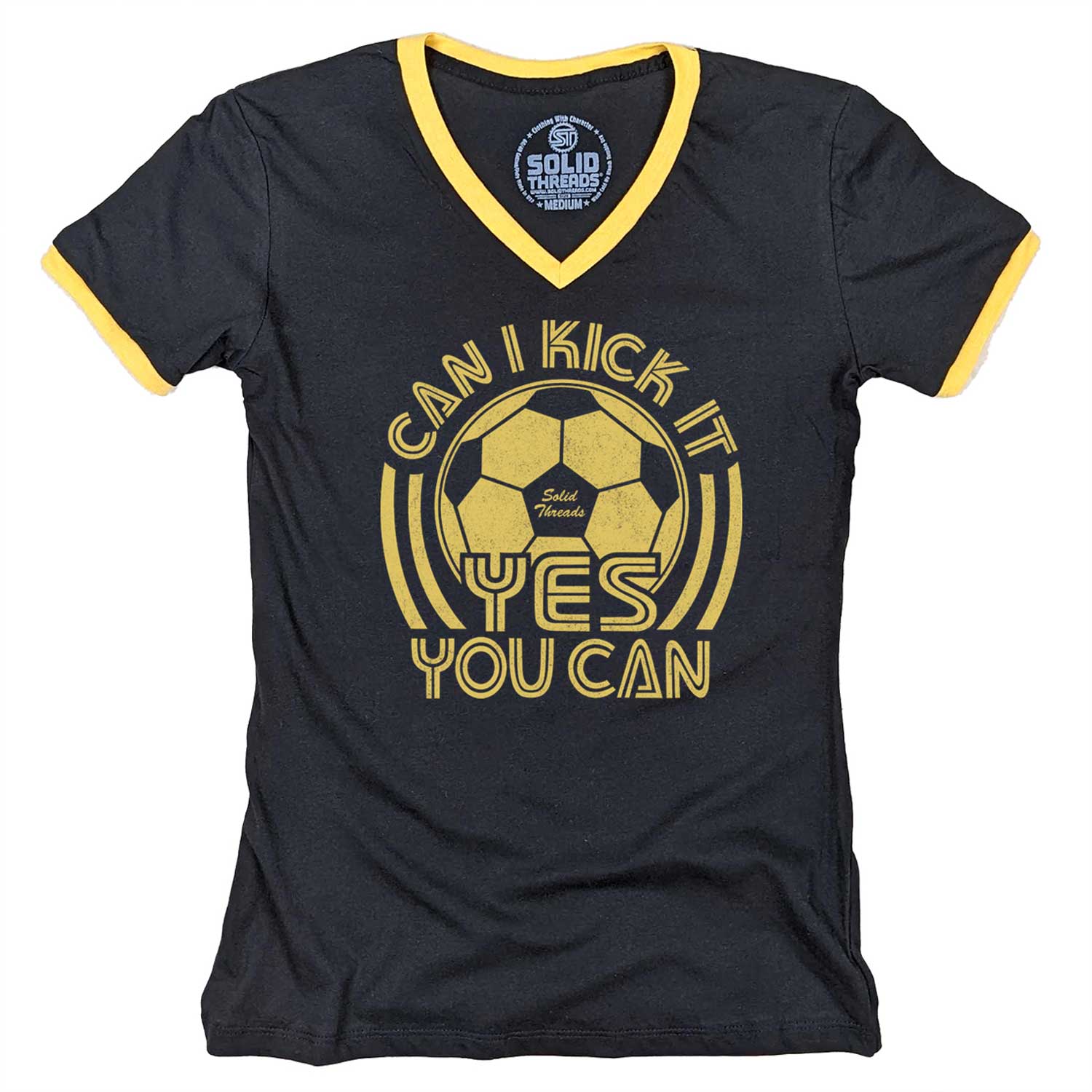 Women's Can I Kick It, Yes You Can Vintage Graphic V-Neck Tee | Funny Soccer T-shirt | Solid Threads