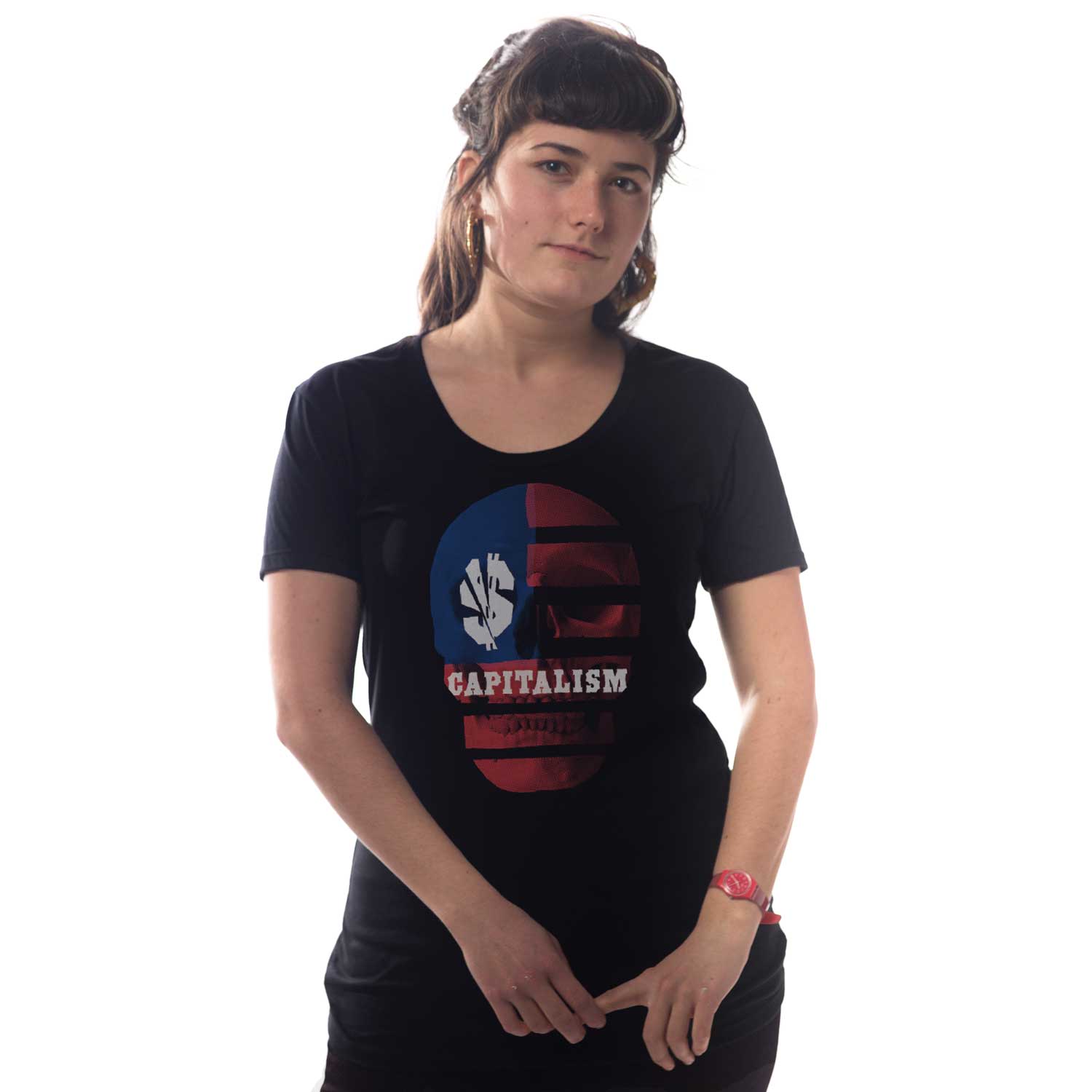 Women's Capitalism Skull Cool Socialist Graphic T-Shirt | Vintage Activist Soft Tee | Solid Threads