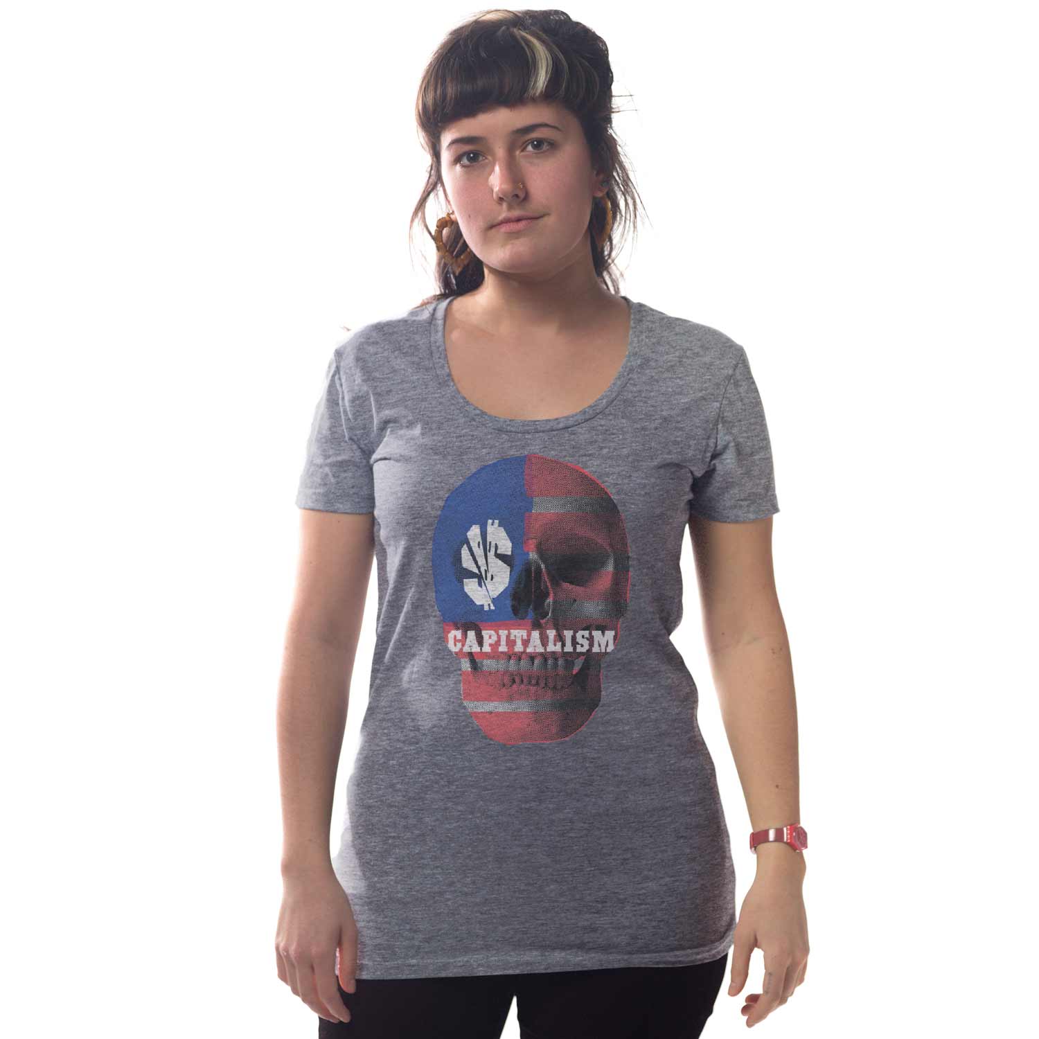 Women's Capitalism Skull Cool Graphic T-Shirt | Retro Activist Triblend Tee on Model | Solid Threads