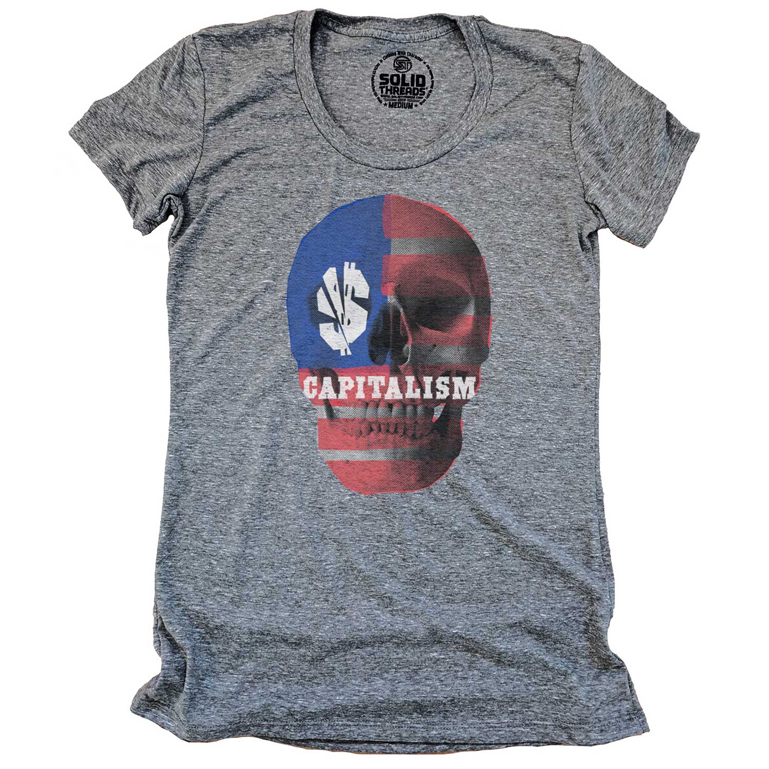 Women's Capitalism Skull Cool Graphic T-Shirt | Vintage Activist Triblend Tee | Solid Threads