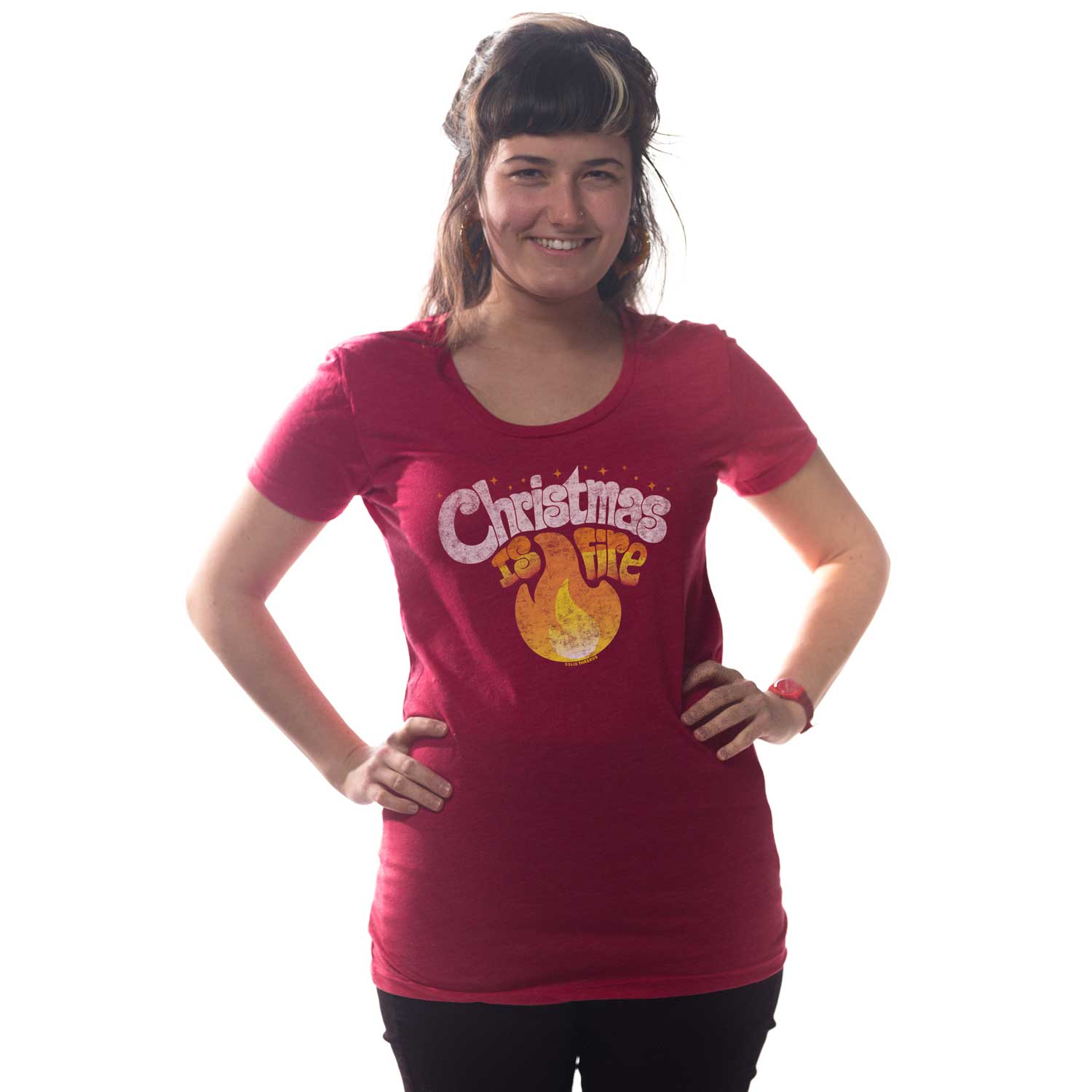 Women's Christmas is Fire Retro Graphic Tee | Funny Holiday Cheer T-Shirt on Model | SOLID THREADS
