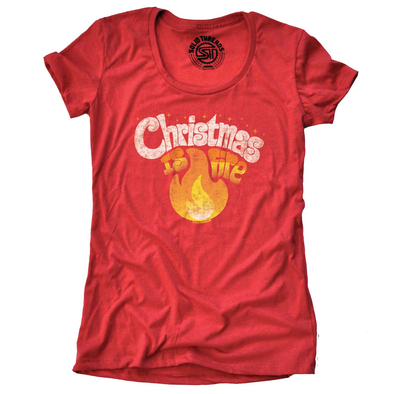 Women's Christmas Is Fire Vintage Graphic T-Shirt | Funny Holiday Party Tee | Solid Threads