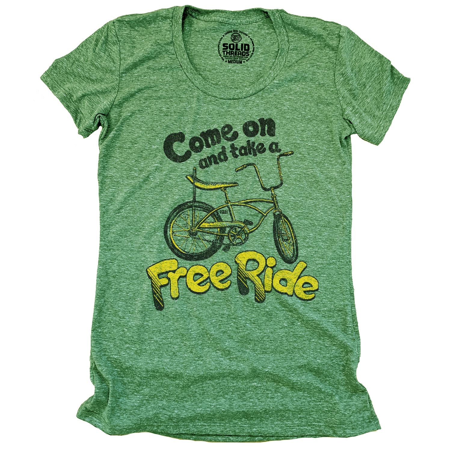 Women's Come On And Take A Free Ride Vintage Graphic T-Shirt | Funny Bicycle Tee | Solid Threads