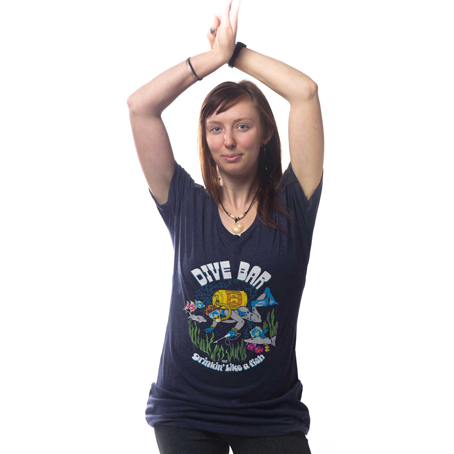 Women's Dive Bar Retro Drinking Graphic T-Shirt | Funny Beach Vacation Tee on Model | Solid Threads