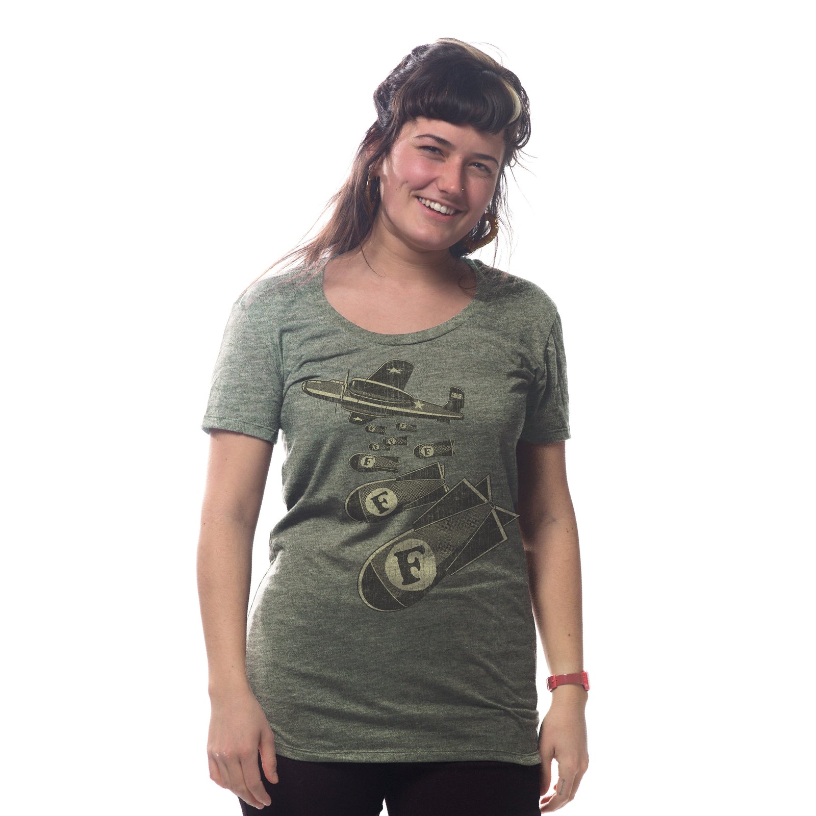 Women's F-Bombs Funny Euphemism Graphic Tee | Vintage Swearing Pun T-shirt on Model | SOLID THREADS