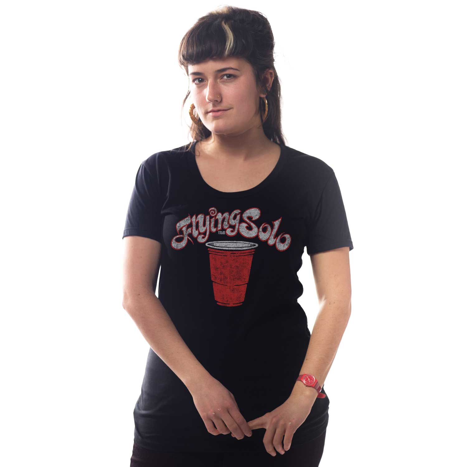Women's Flying Solo Vintage Inspired T-shirt | Funny Drinking Graphic Tee | Solid Threads