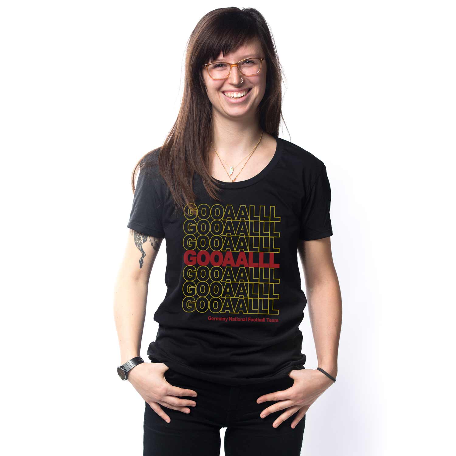 Women's Germany Soccer Gooaalll Retro Graphic Tee | Euro World Cup T-Shirt on Model | SOLID THREADS