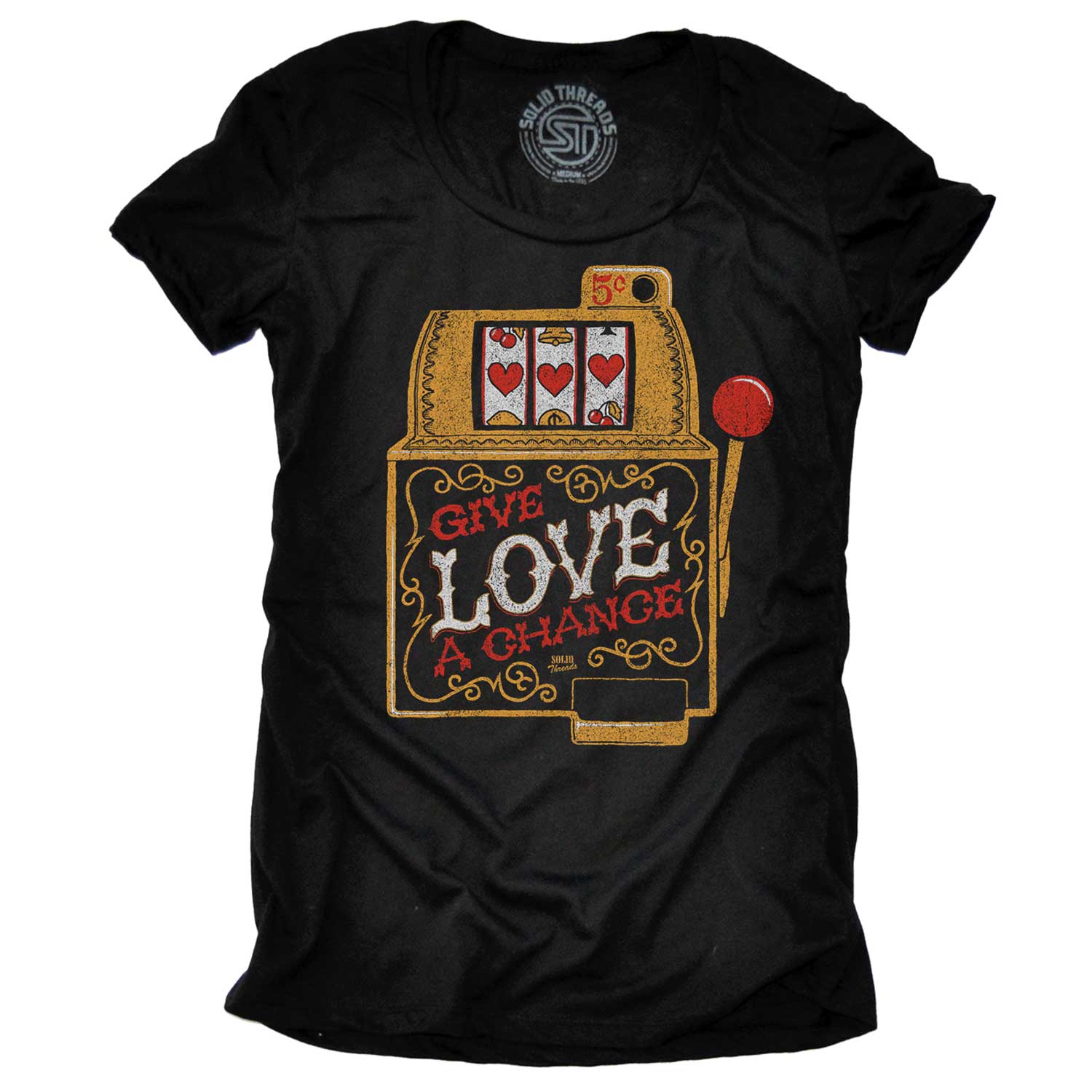 Women's Give Love A Chance Vintage Graphic Tee | Cool Slot Machine T-shirt for Women | Solid Threads