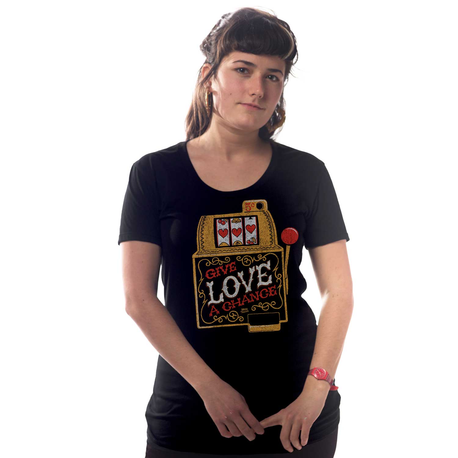 Women's Give Love A Chance Vintage Graphic Tee | Cool Slot Machine T-shirt on Model | Solid Threads