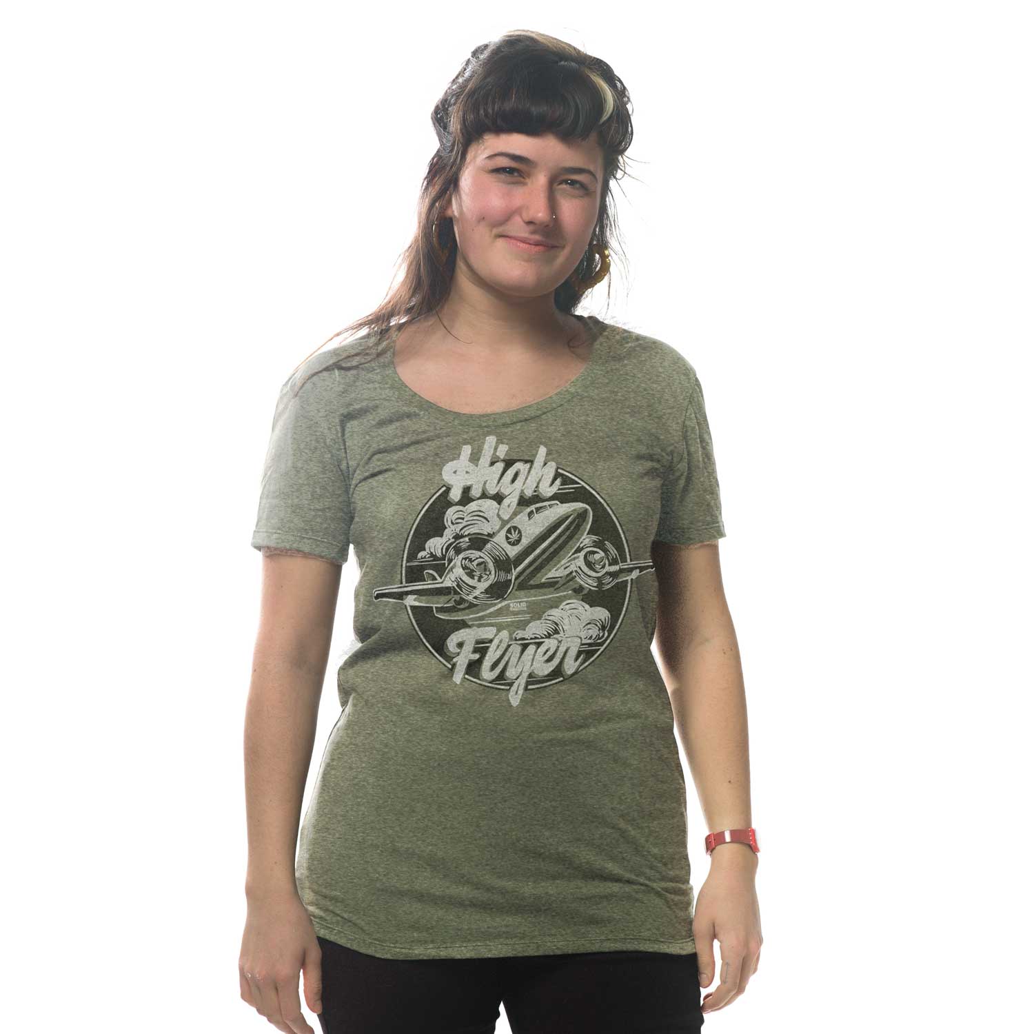 Women's High Flyer Vintage Airplane Graphic T-Shirt | Funny Marijuana Tee on Model | Solid Threads