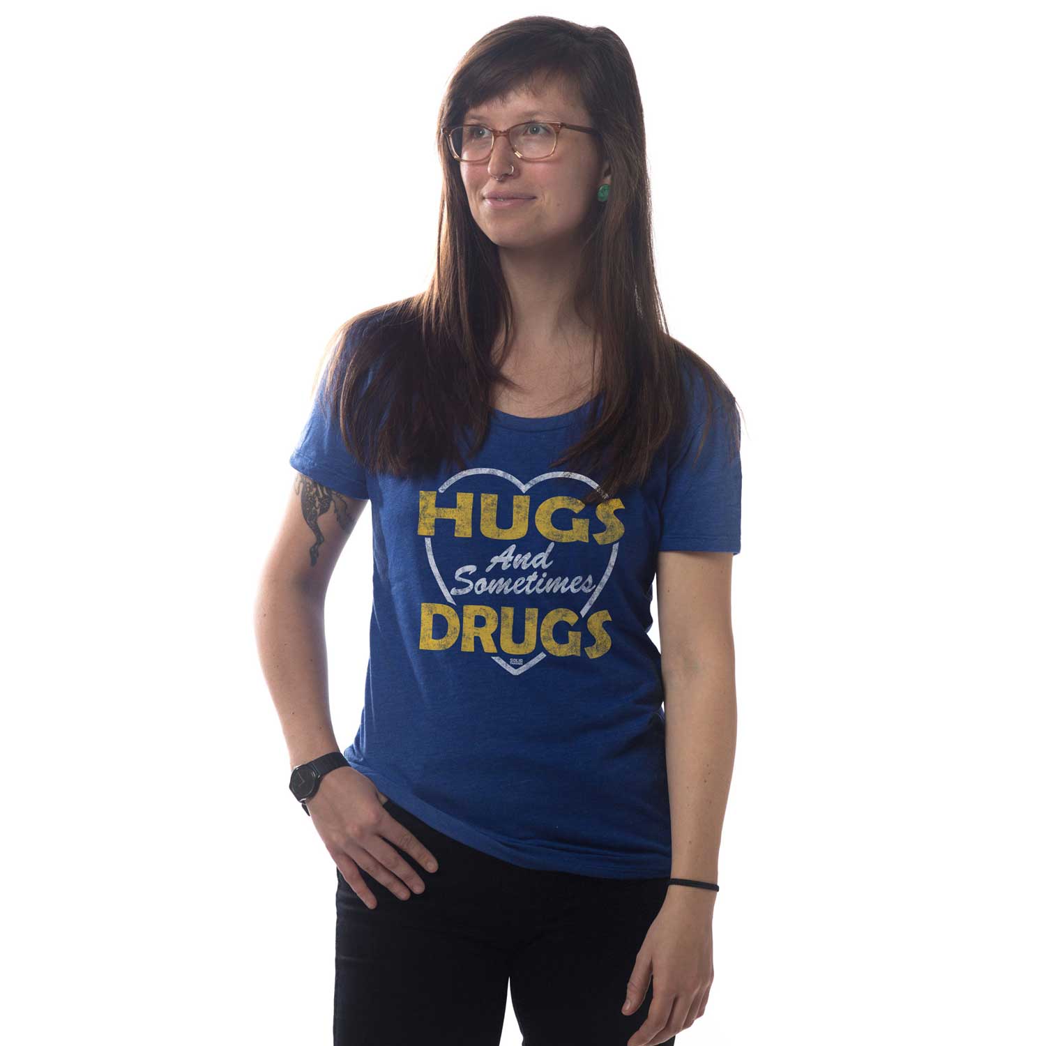 Women's Hugs Sometimes Drugs Retro Graphic Tee | Funny Marijuana T-shirt on Model | Solid Threads
