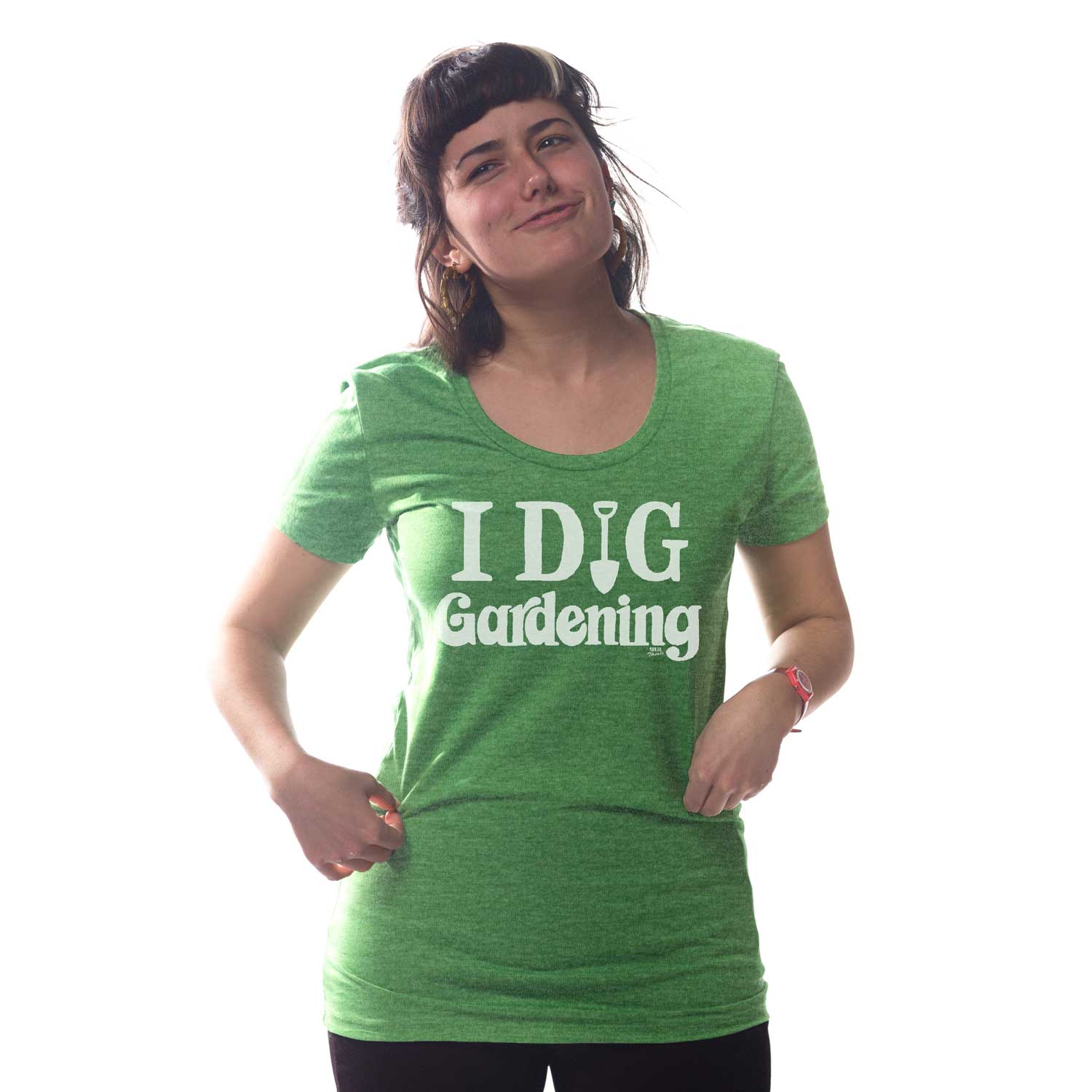 Women's I Dig Gardening Vintage Farming Graphic Tee | Funny Plant T-Shirt On Model | Solid Threads
