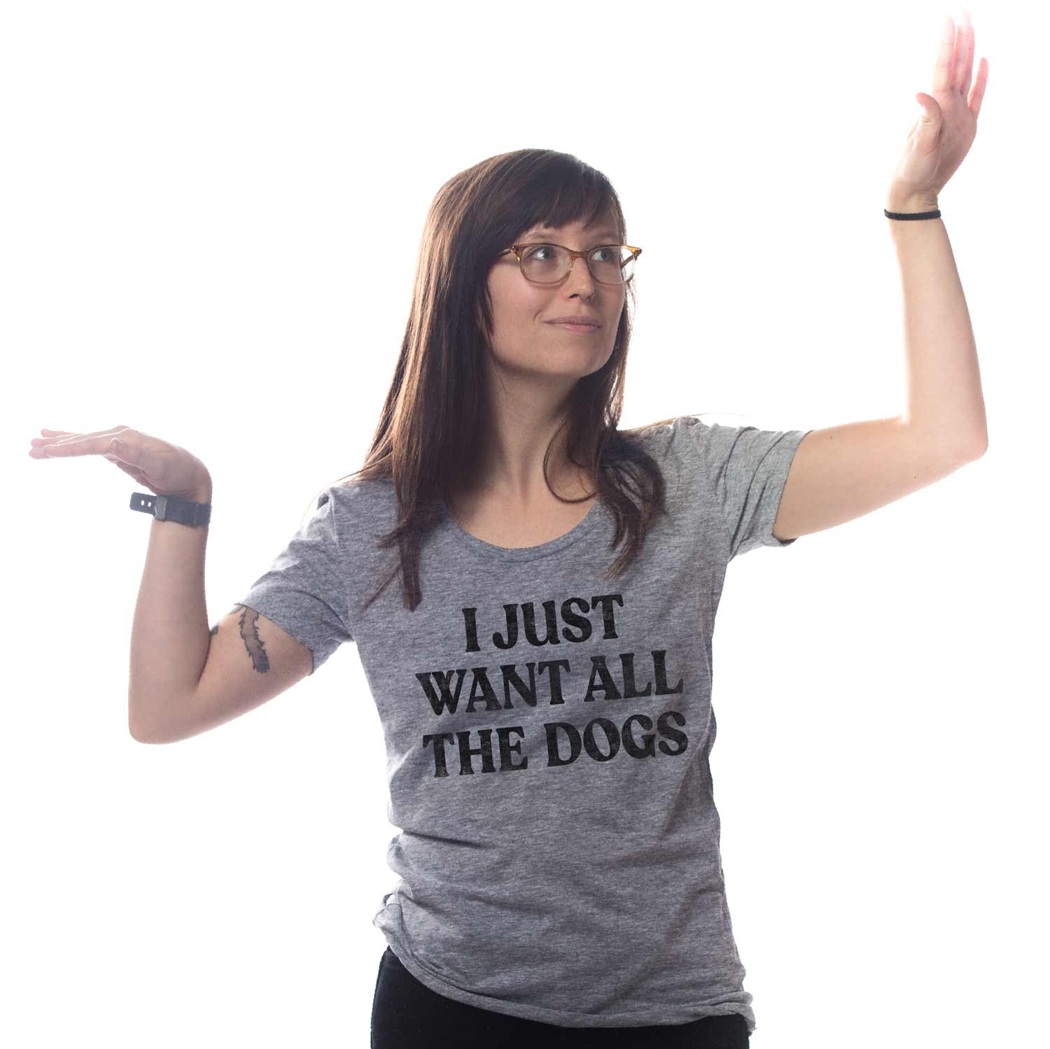 Women's Want All The Dogs Retro Graphic Tee | Funny Animal Triblend T-shirt on Model | Solid Threads