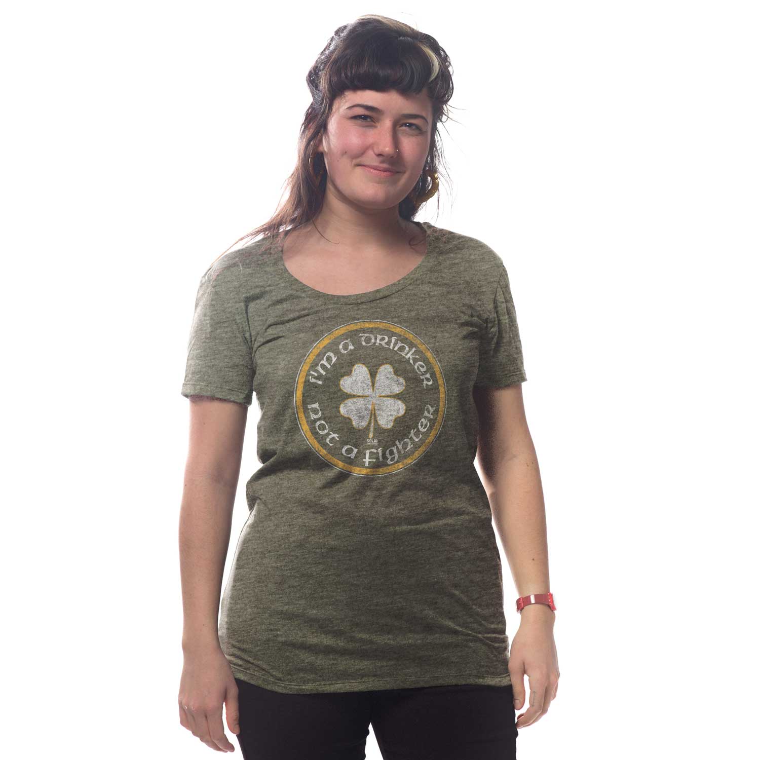 Women's Drinker Not a Fighter Vintage Graphic Tee | Funny Drinking T-Shirt on Model | Solid Threads