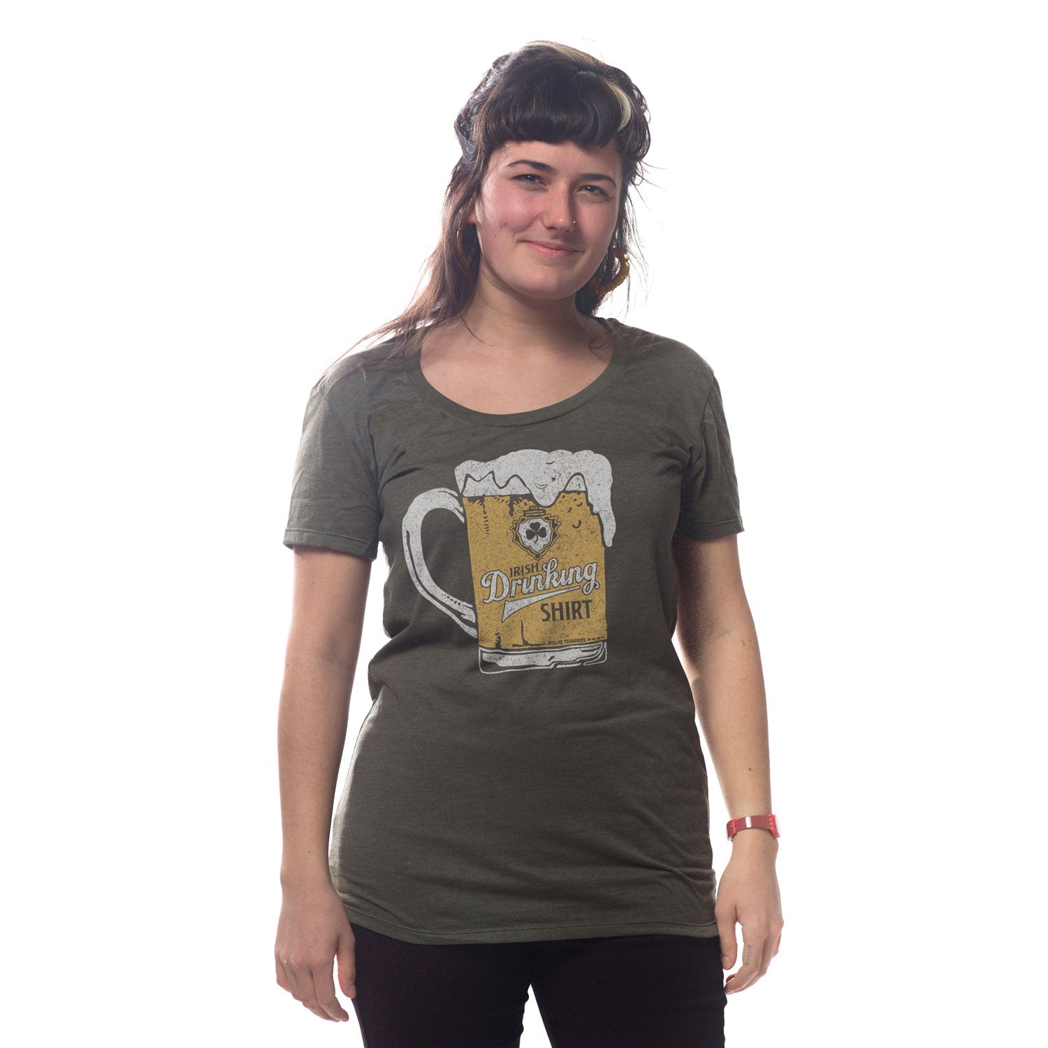 Women's Irish Drinking Shirt Vintage Graphic Tee | Retro St. Paddy's T-shirt on Model | Solid Threads