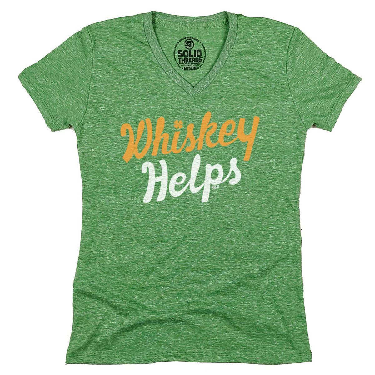 Women&#39;s Irish Whiskey Helps Vintage Graphic V-Neck Tee | Funny St. Paddy&#39;s T-shirt | Solid Threads