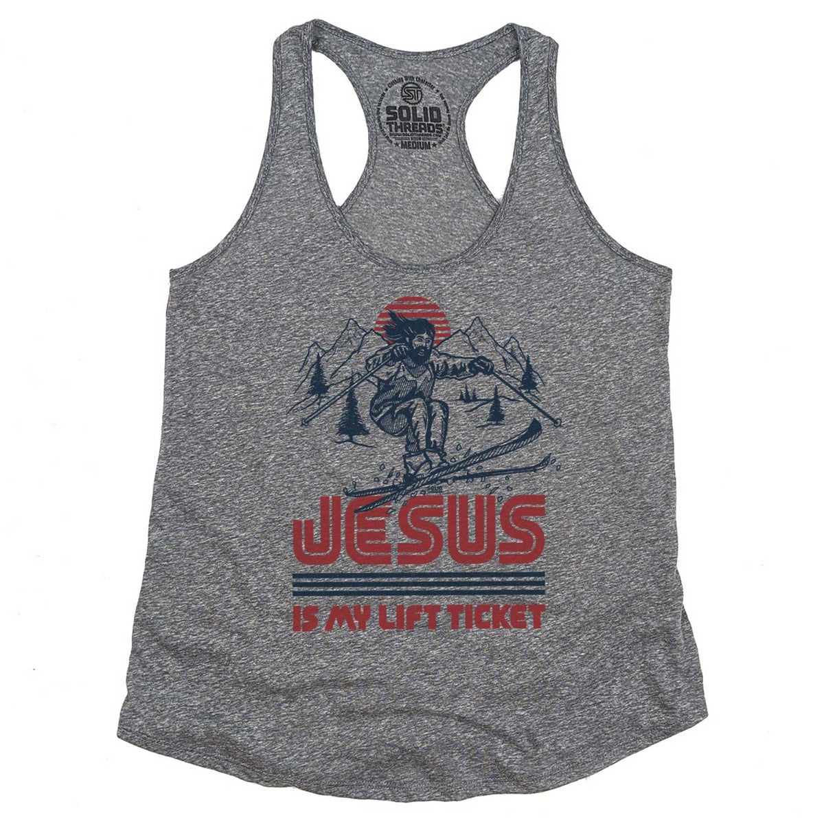 Women&#39;s Jesus is My Lift Ticket Vintage Graphic Tank Top | Funny Skiing T-shirt | Solid Threads
