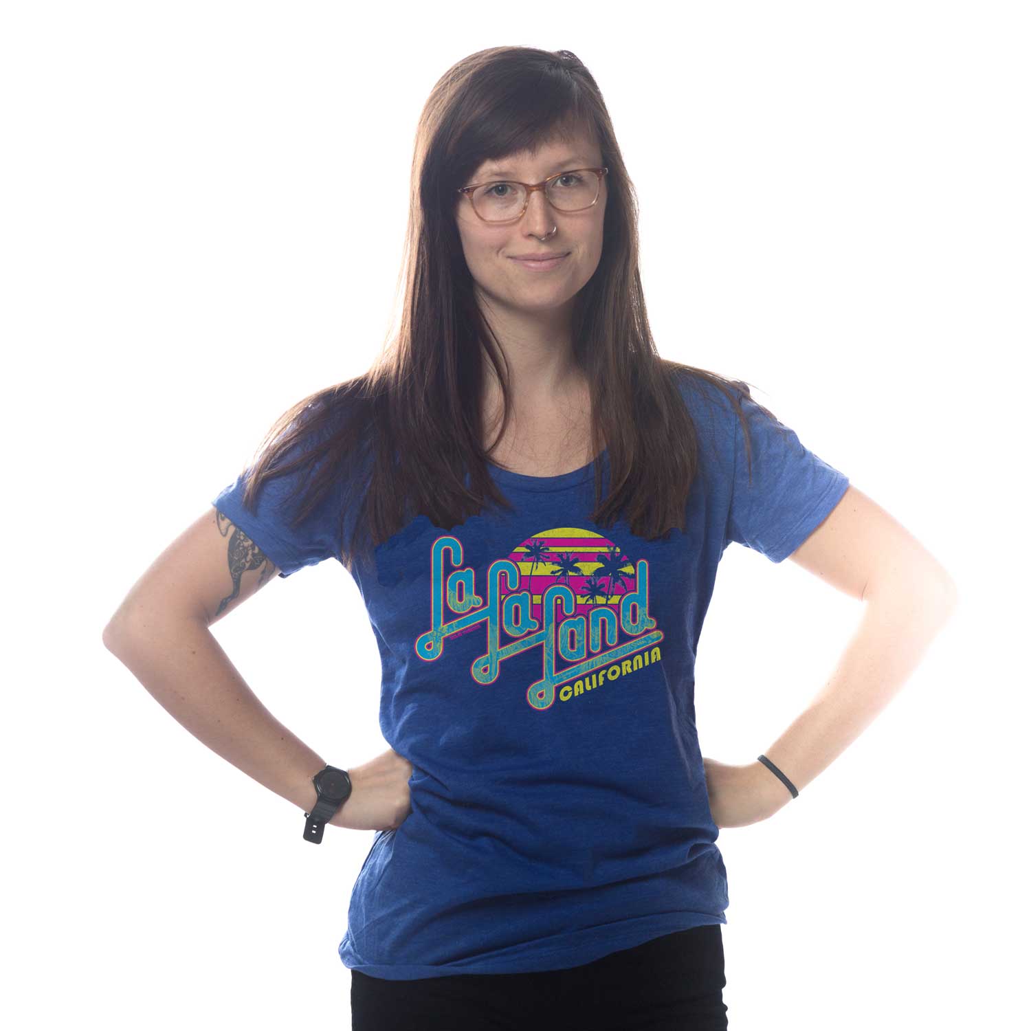 Women's La La Land Cool* Graphic Scoopneck Tee* | Retro California* T-Shirt on Model | Solid Threads