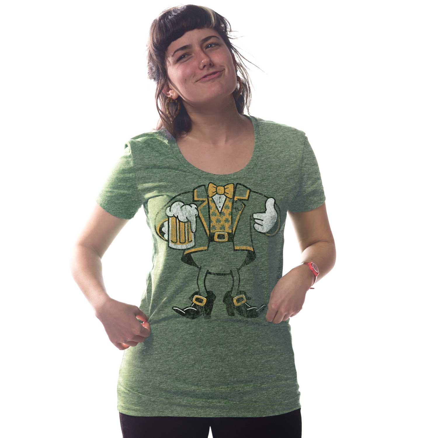Women's Leprechaun Vintage Graphic T-Shirt | Funny St Paddy's Triblend Tee on Model | Solid Threads