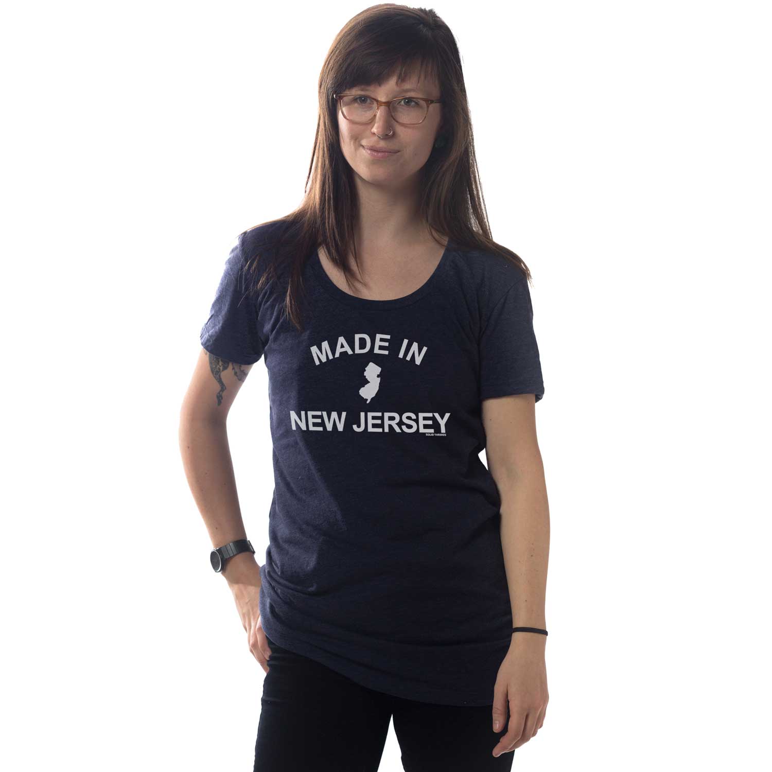 Women's Made In New Jersey Cool Graphic T-Shirt | Vintage Garden State Tee on Model | Solid Threads