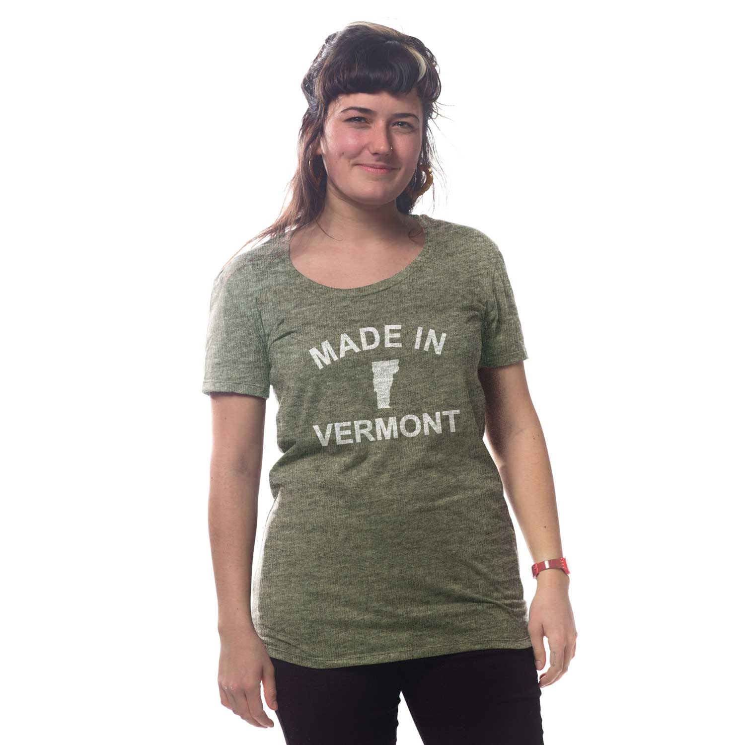 Women's Made in Vermont Vintage Graphic Tee | Retro Green Mountains T-shirt on Model | Solid Threads