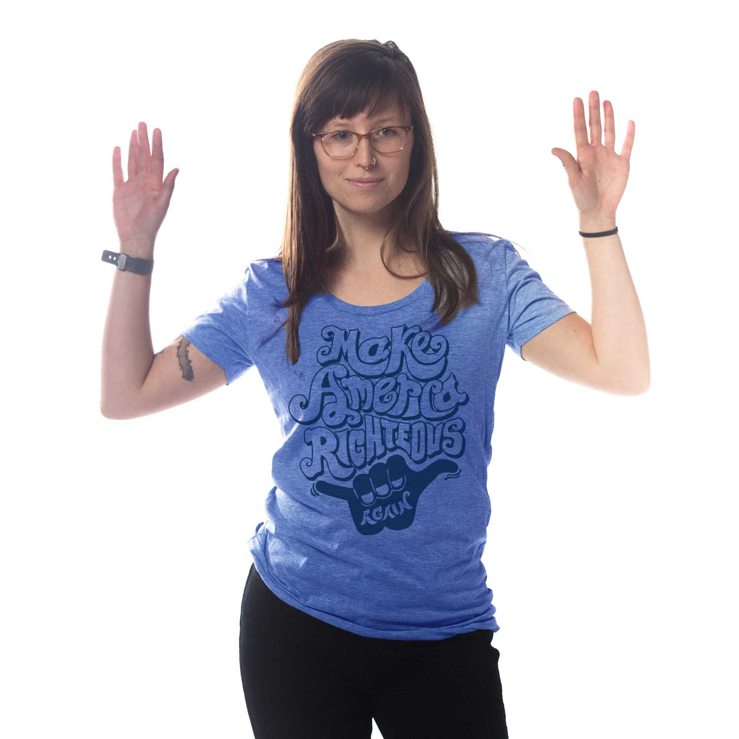 Women's America Righteous Again Vintage T-shirt | Retro Hawaiian Shaka Tee on Model | Solid Threads