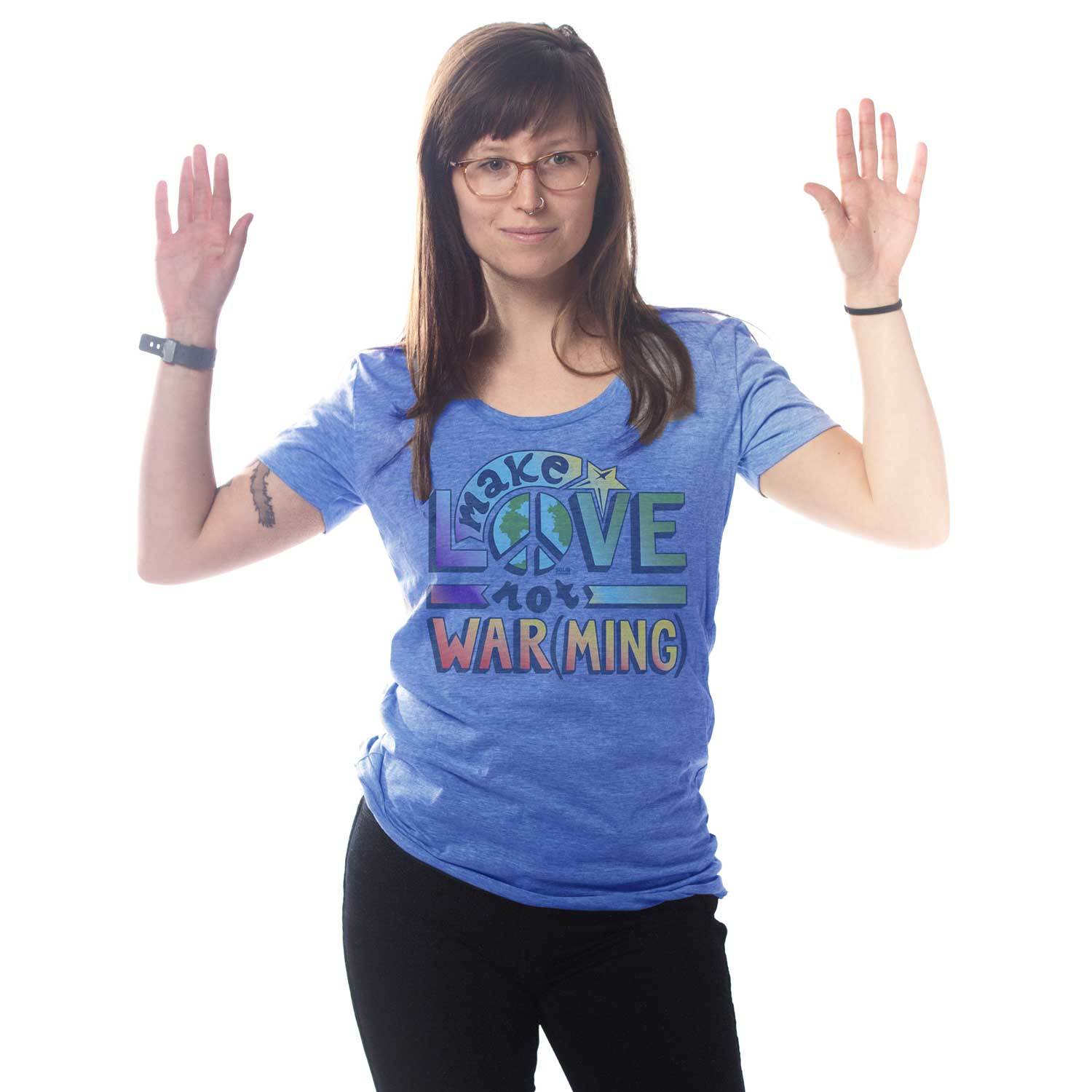 Women's Make Love Not Warming Vintage Inspired Scoopneck T-Shirt | Retro Environmentalism Graphic Tee | Solid Threads
