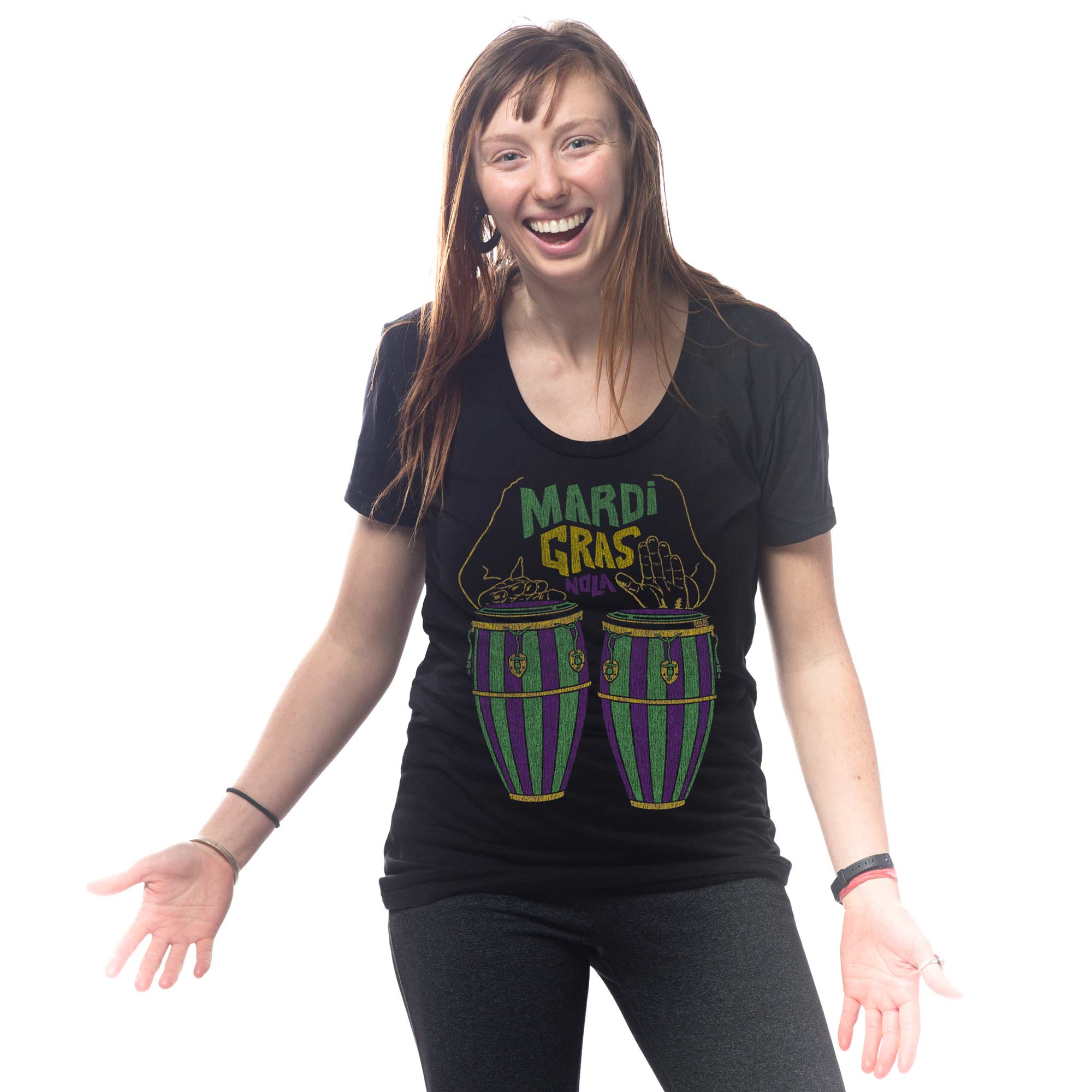 Women's Mardi Gras Drums Vintage Graphic Tee | Retro New Orleans T-Shirt on Model | SOLID THREADS