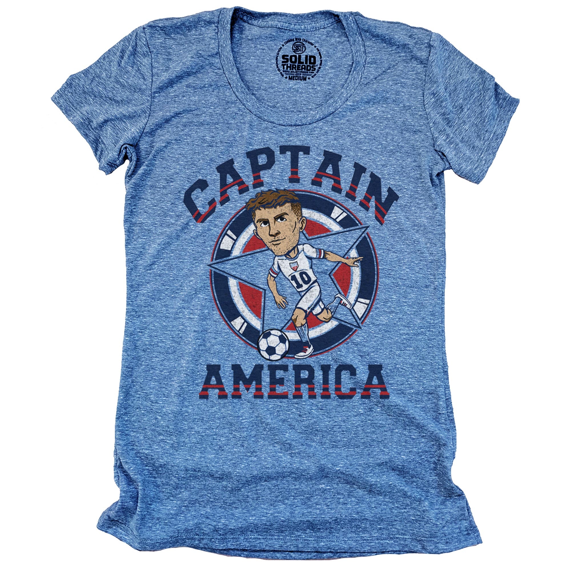 Women's Captain America Soccer Cool Graphic T-Shirt | Vintage Pulisic Soft Tee | Solid Threads