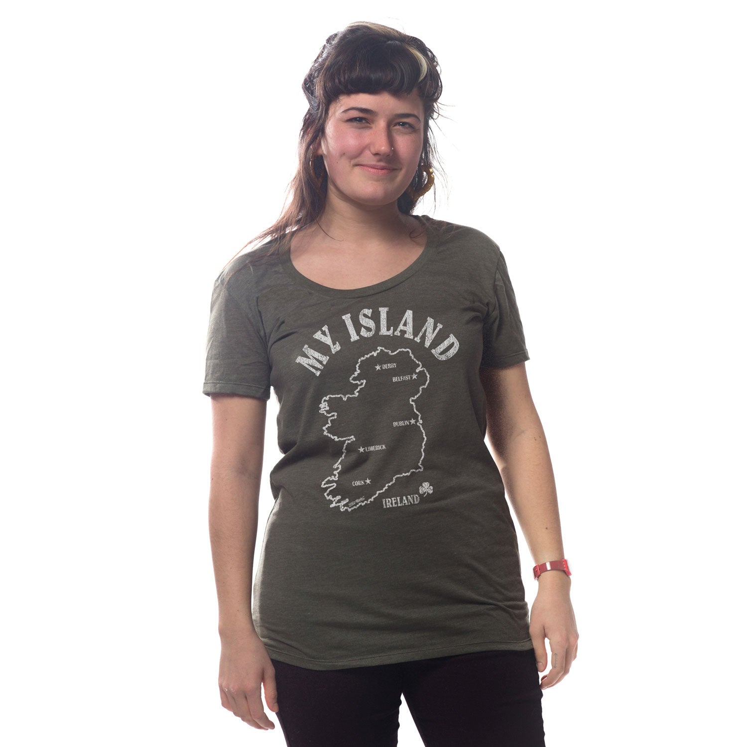 Women's My Island Ireland Cool Graphic T-Shirt | Retro Irish Pride Soft Tee on Model | Solid Threads