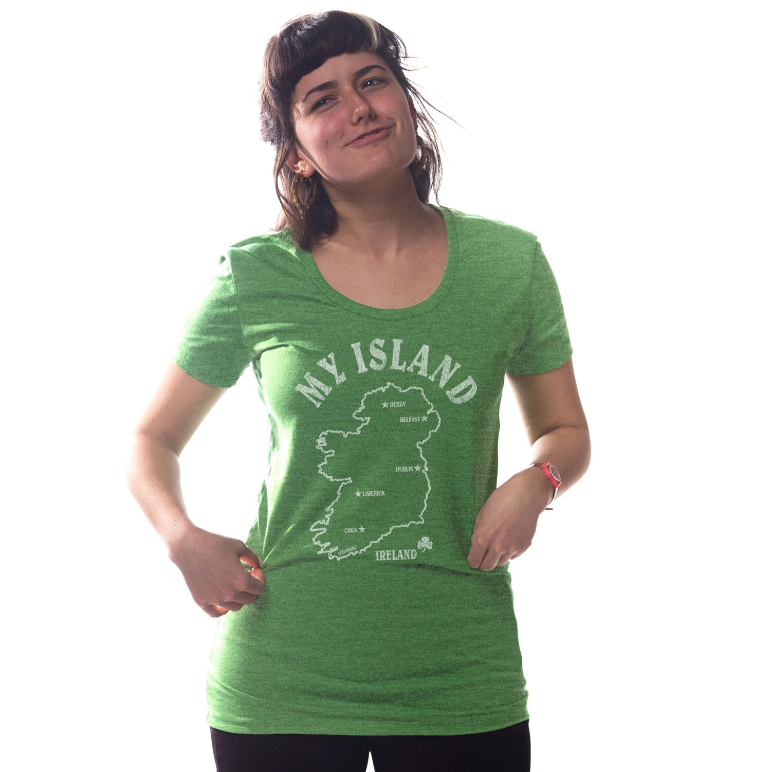 Women's My Island Ireland Cool Graphic T-Shirt | Vintage Irish Triblend Tee on Model | Solid Threads