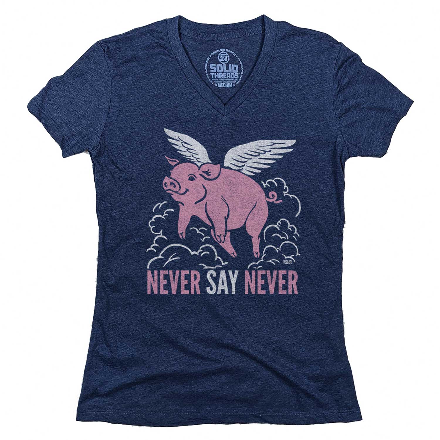 Women's Never Say Never Vintage Graphic V-Neck Tee | Funny Pig T-shirt | Solid Threads