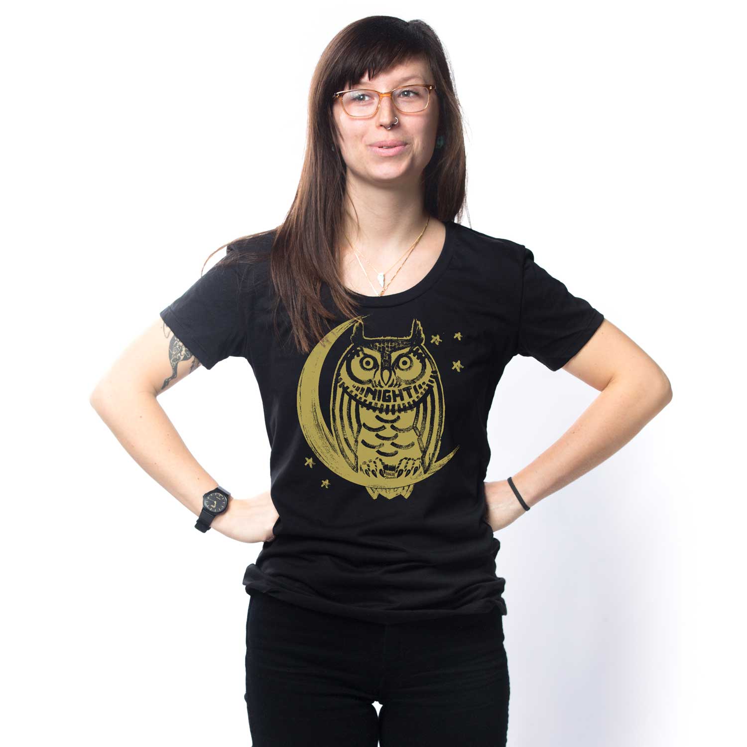 Women's Night Owl Retro Bird Watching Graphic Tee | Funny Insomnia T-shirt on Model | Solid Threads