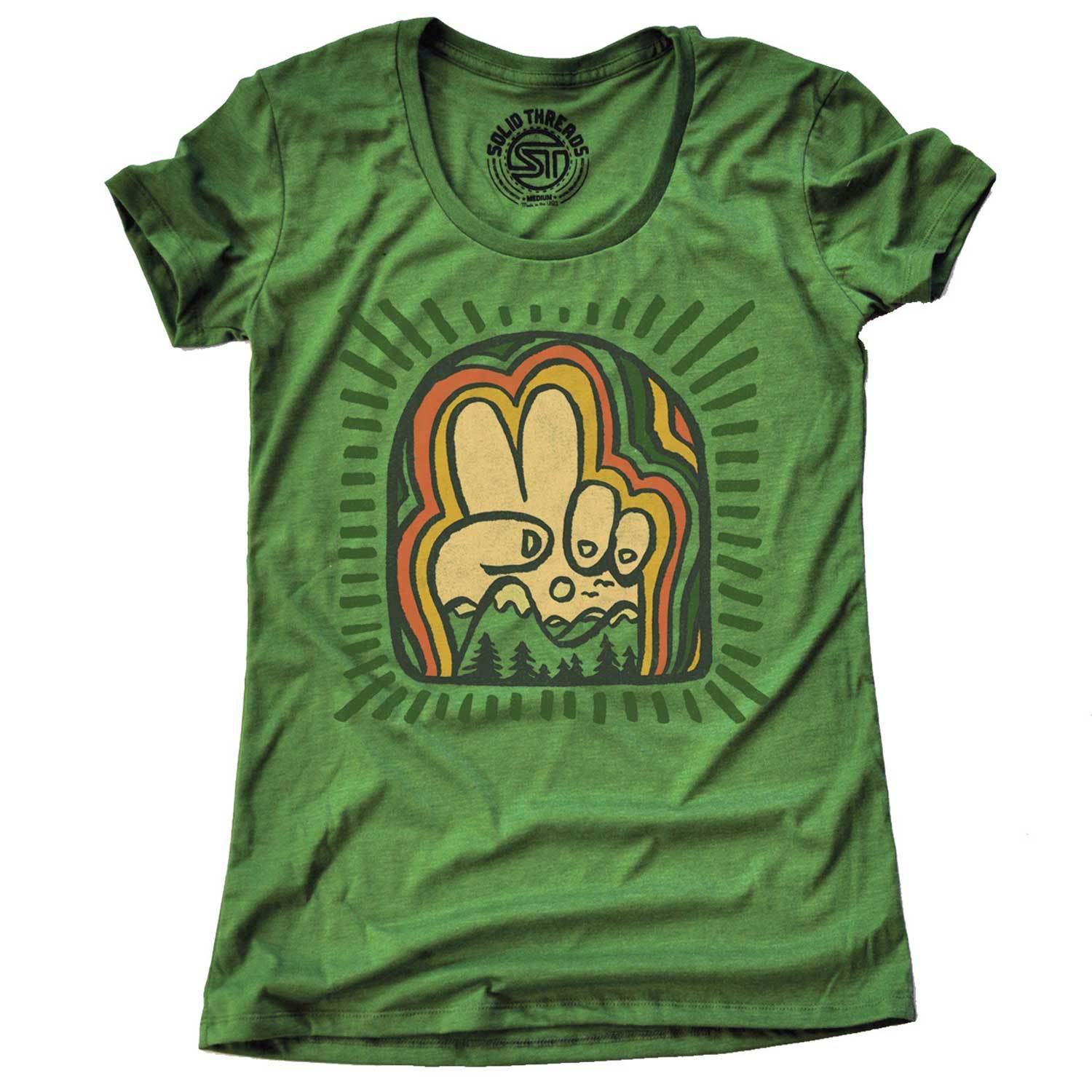 Women's Peace Mountains Vintage Nature Graphic Tee | Cool Artsy Peace Sign T-Shirt | Solid Threads