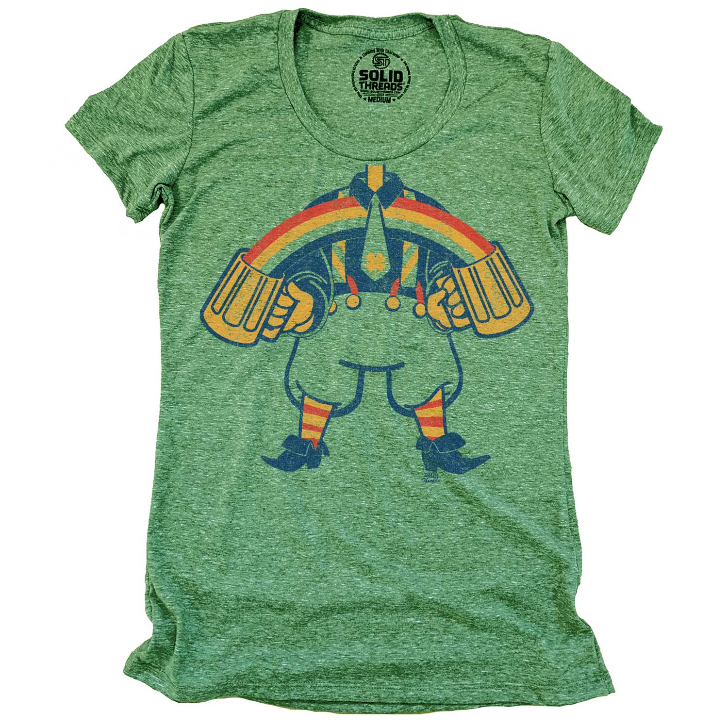 Women's Rainbow Leprechaun Cool Graphic T-Shirt | Vintage St Paddy's Day Tee | Solid Threads