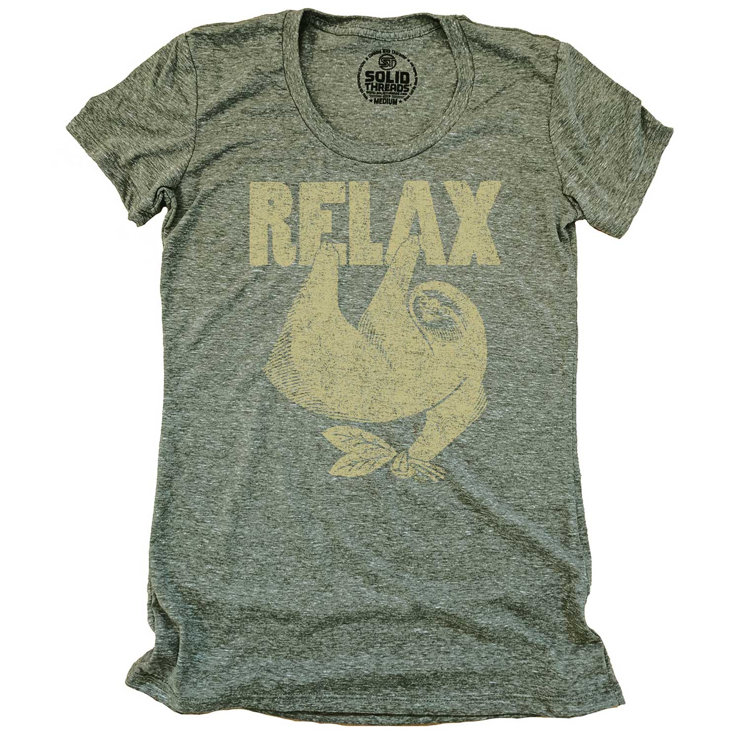 Women's Relax Sloth Vintage Animal Graphic T-Shirt | Funny Mindfulness Soft Tee | Solid Threads