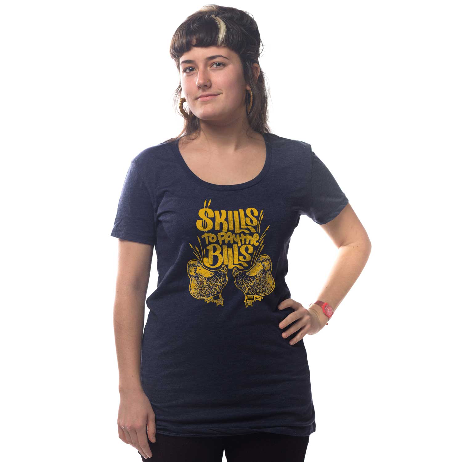 Women's Skills to Pay Bills Vintage Graphic Tee | Funny Duck Graphic Tee On Model | Solid Threads