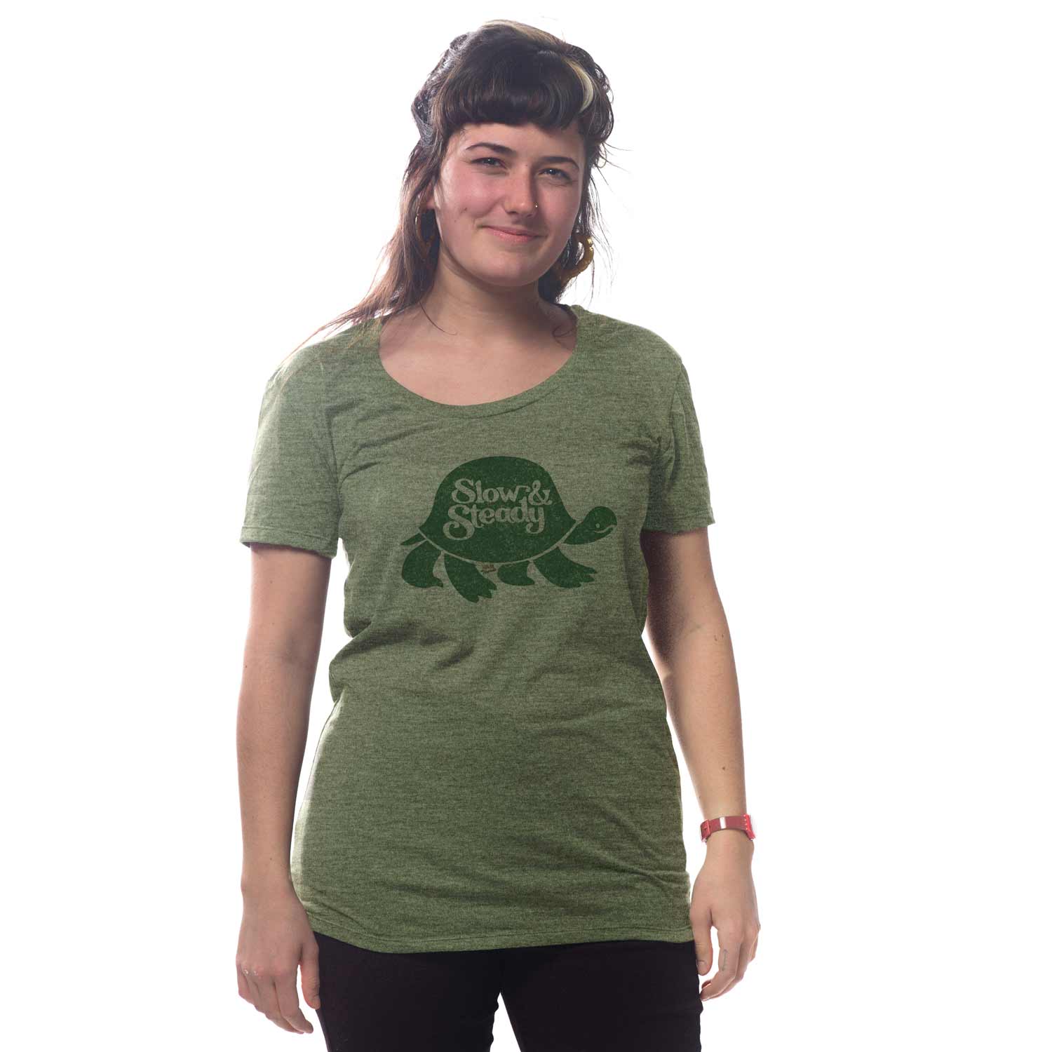 Women's Slow and Steady Vintage Turtle Graphic Tee | Funny Animal T-Shirt on Model | SOLID THREADS