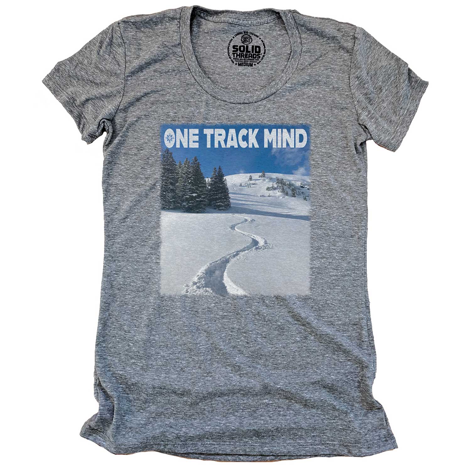 Women's Mountains One Track Mind Cool Graphic T-Shirt | Vintage Skiing Tee | Solid Threads