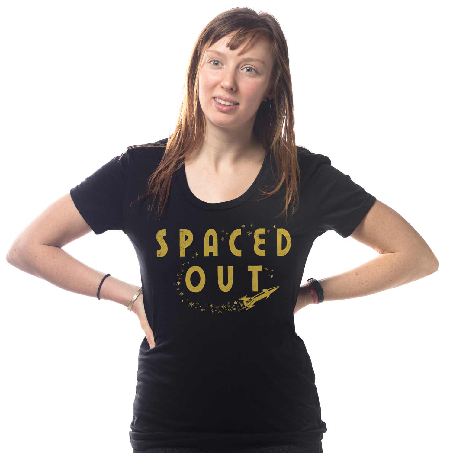 Women's Spaced Out Vintage Marijuana Graphic T-Shirt | Funny Stoner Tee on Model | Solid Threads
