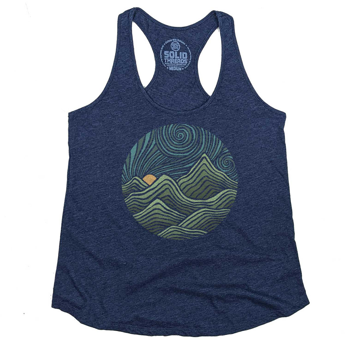 Women&#39;s Swirly Mountains Vintage Graphic Tank Top | Retro Nature T-shirt | Solid Threads