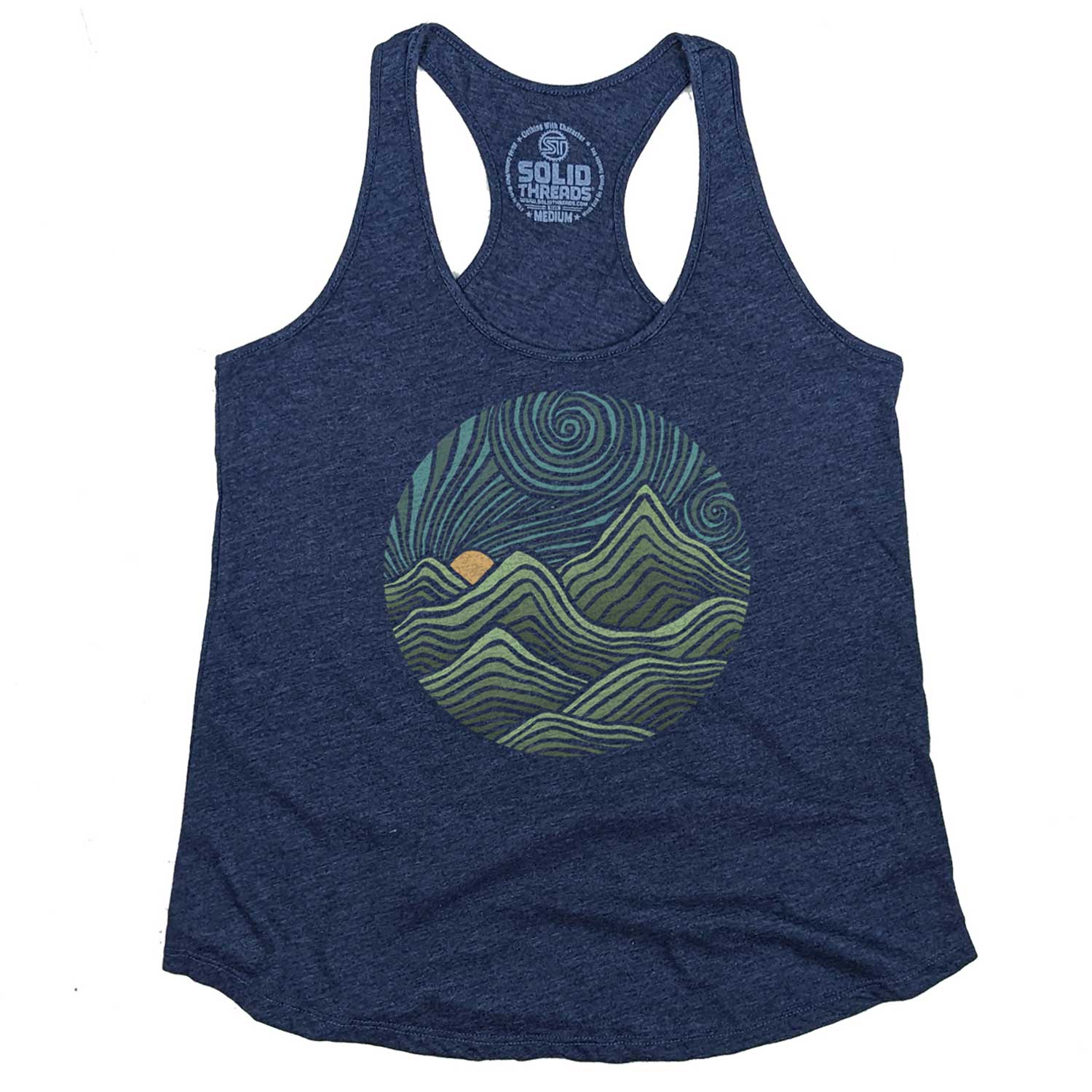 Women's Swirly Mountains Vintage Graphic Tank Top | Retro Nature T-shirt | Solid Threads